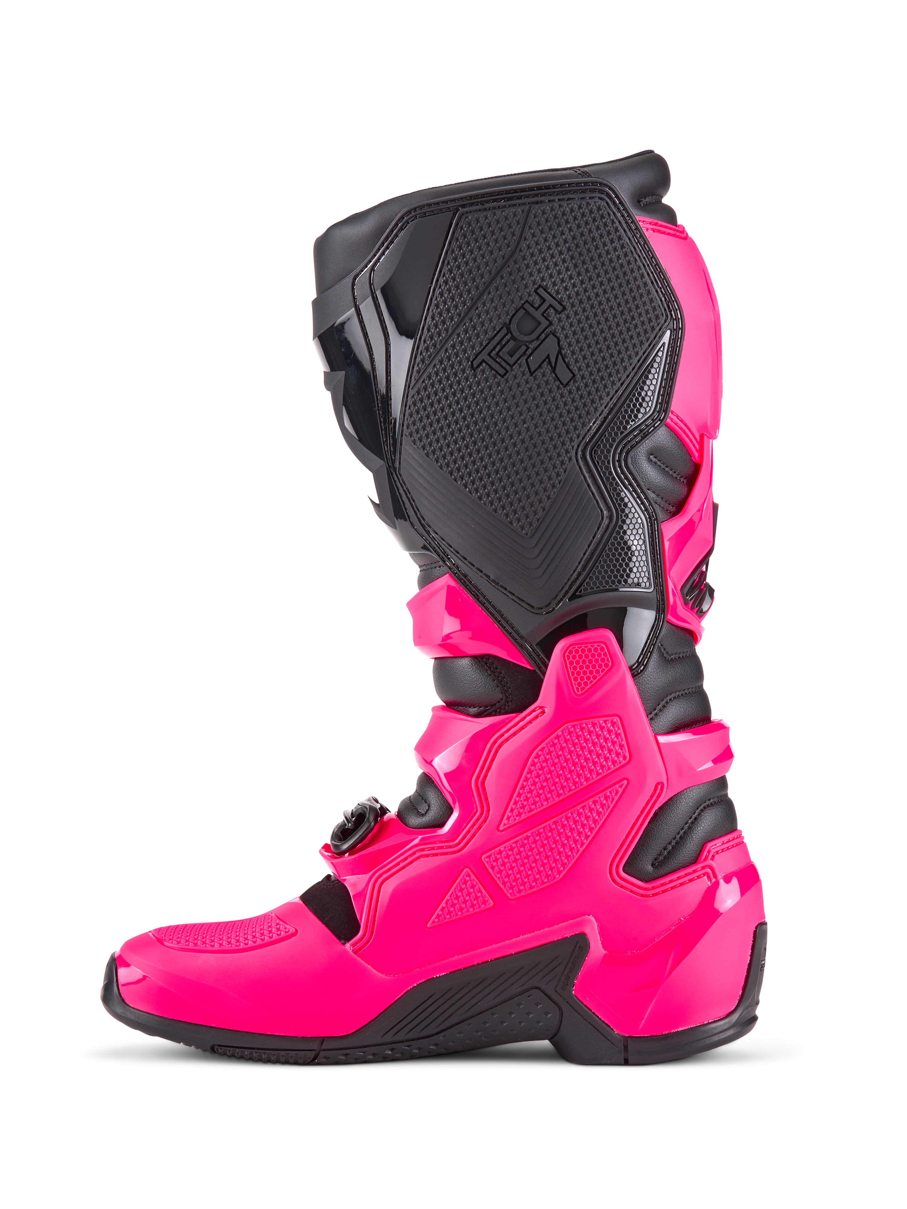 Alpinestars Tech 7 Motocross-Stiefel, Diva Pink und Schwarz, Seitenprofil mit schützender TPU-Schale, strukturierten medialen Grip-Panels mit Tech 7-Branding und robuster schwarzer Sohle, Hochleistungs-Schuhwerk für den Offroad-Rennsport
