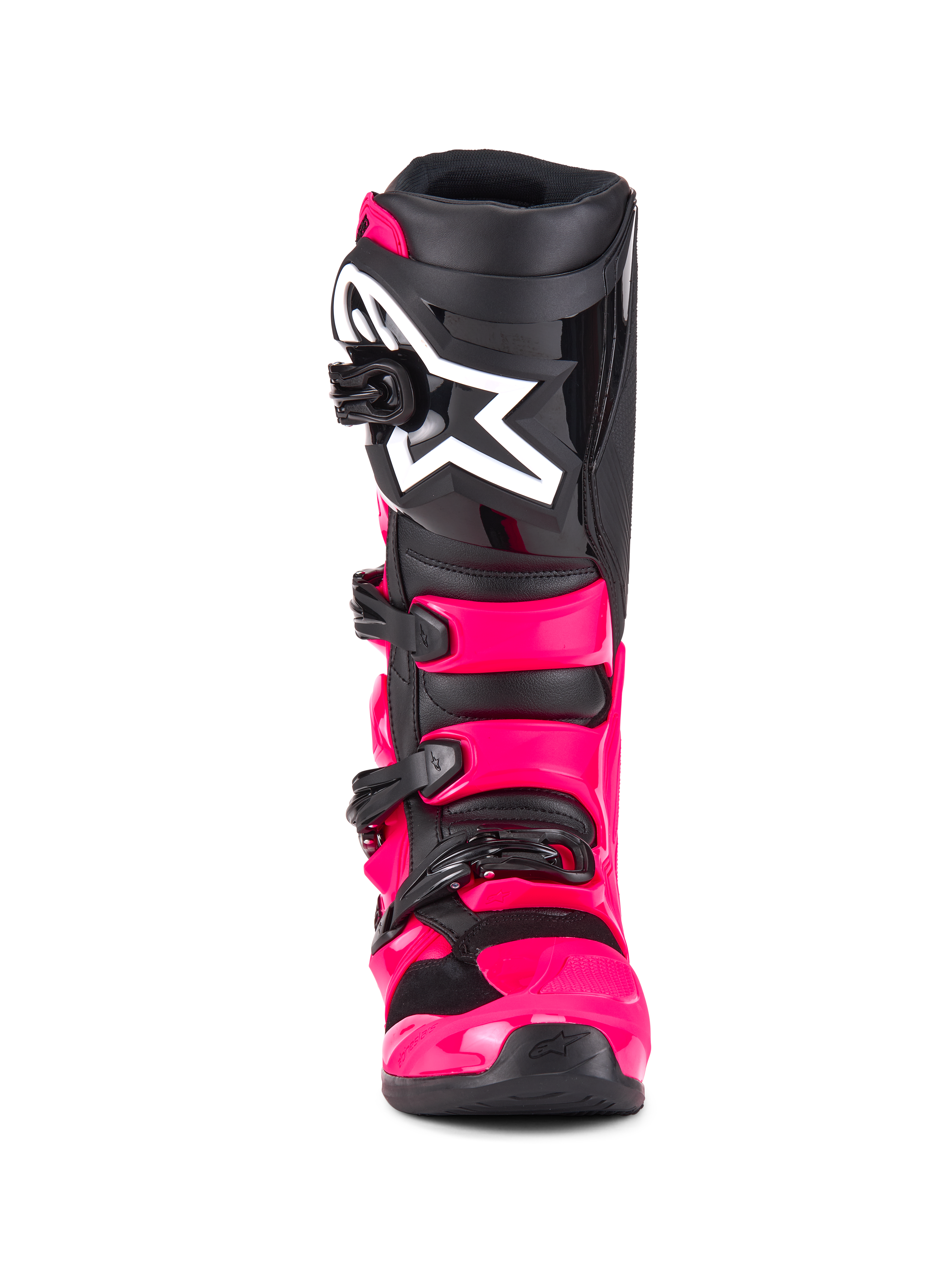 Alpinestars Tech 7 Stiefel, Motocross-Stiefel, Diva Pink Schwarz, Vorderansicht, mit leuchtend pinkfarbener TPU-Schale und Riemen, schwarzer Schienbeinplatte mit großem weißem Alpinestars Stern-Logo und robusten schwarzen Schnallen.