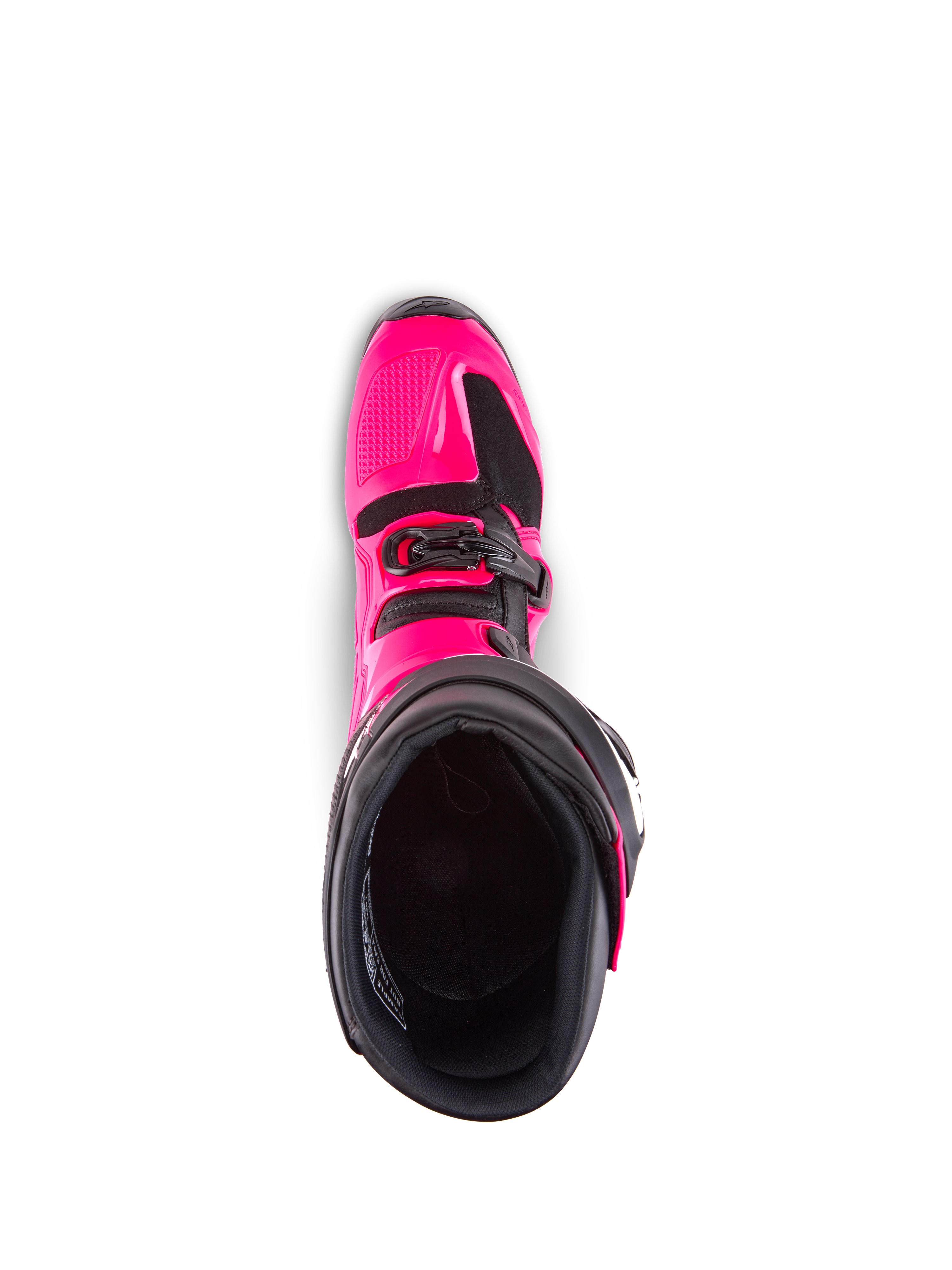 Alpinestars Tech 7 Stiefel, Motocross-Stiefel, Diva Pink und Schwarz, Draufsicht mit Blick in das Innenfutter, zeigt die pinkfarbene TPU-Außenschale und Schnallendetails, entwickelt für Offroad-Performance