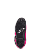 Alpinestars Tech 7 Stiefel, Motocross-Stiefel, Diva Pink und Schwarz, Unteransicht der Außensohle mit der schwarzen strukturierten Gummisohle, weißem Alpinestars-Logo und Verschleißanzeige, Hochleistungs-Offroad-Schuhwerk