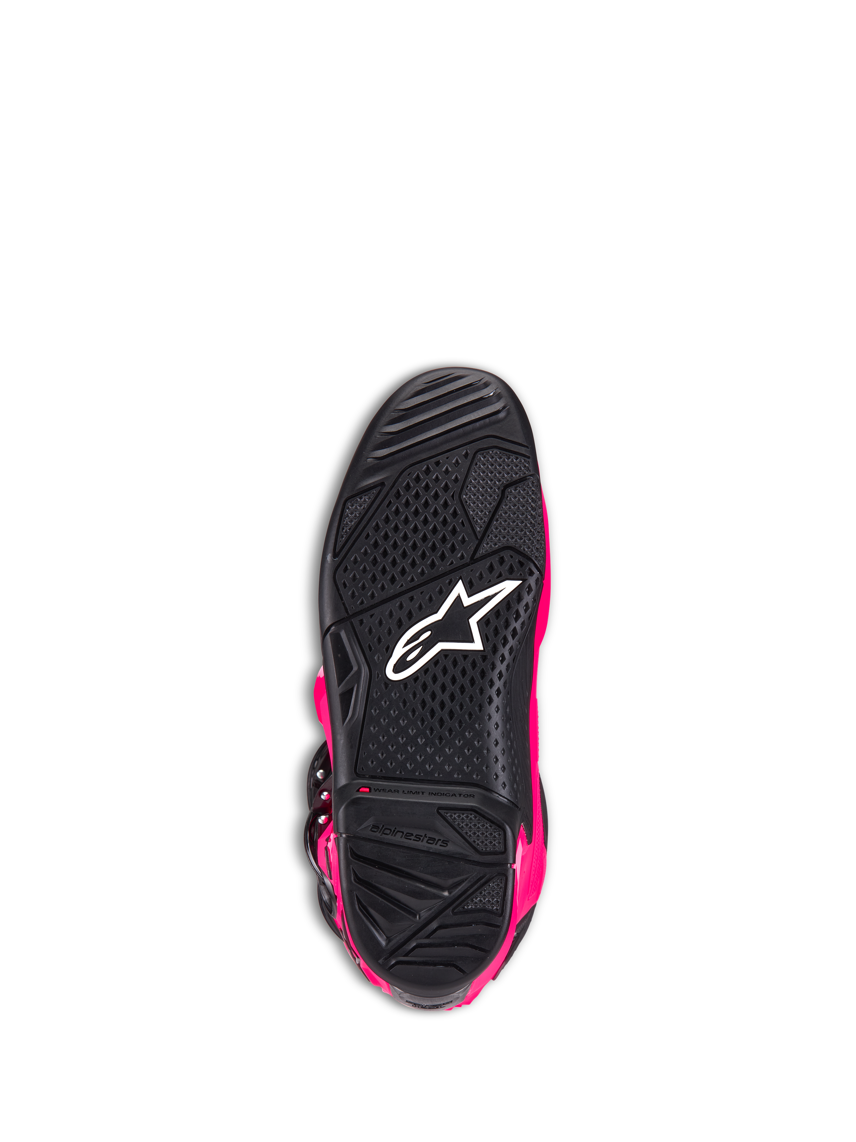 Alpinestars Tech 7 Stiefel, Motocross-Stiefel, Diva Pink und Schwarz, Unteransicht der Außensohle mit der schwarzen strukturierten Gummisohle, weißem Alpinestars-Logo und Verschleißanzeige, Hochleistungs-Offroad-Schuhwerk