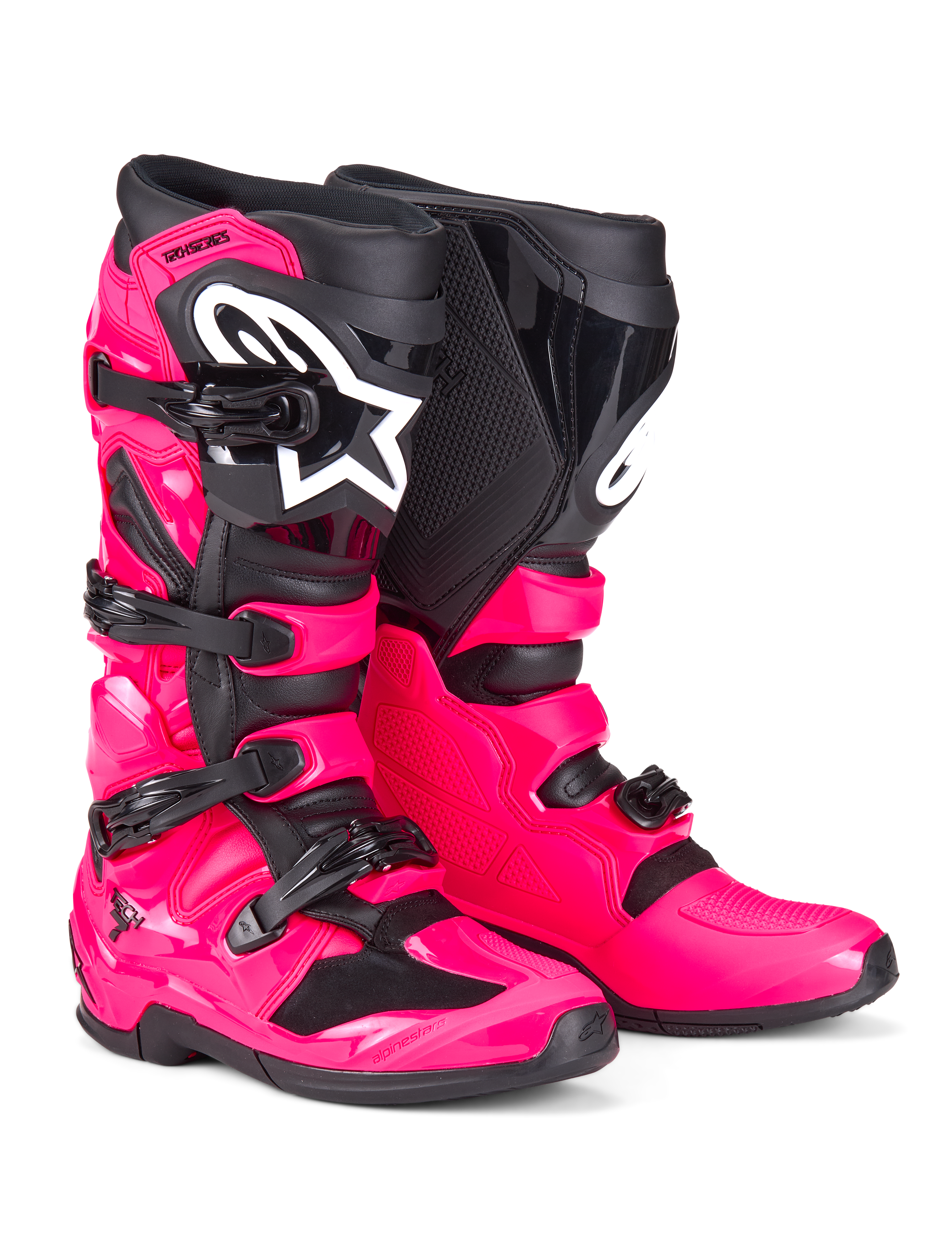 Alpinestars Tech 7 Stiefel, Motocross-Stiefel, Diva-Pink und Schwarz, mit robuster TPU-Schale, Vier-Schnallen-Verschlusssystem und markantem weißen Alpinestars-Logo, Hochleistungs-Offroad-Fußbekleidung