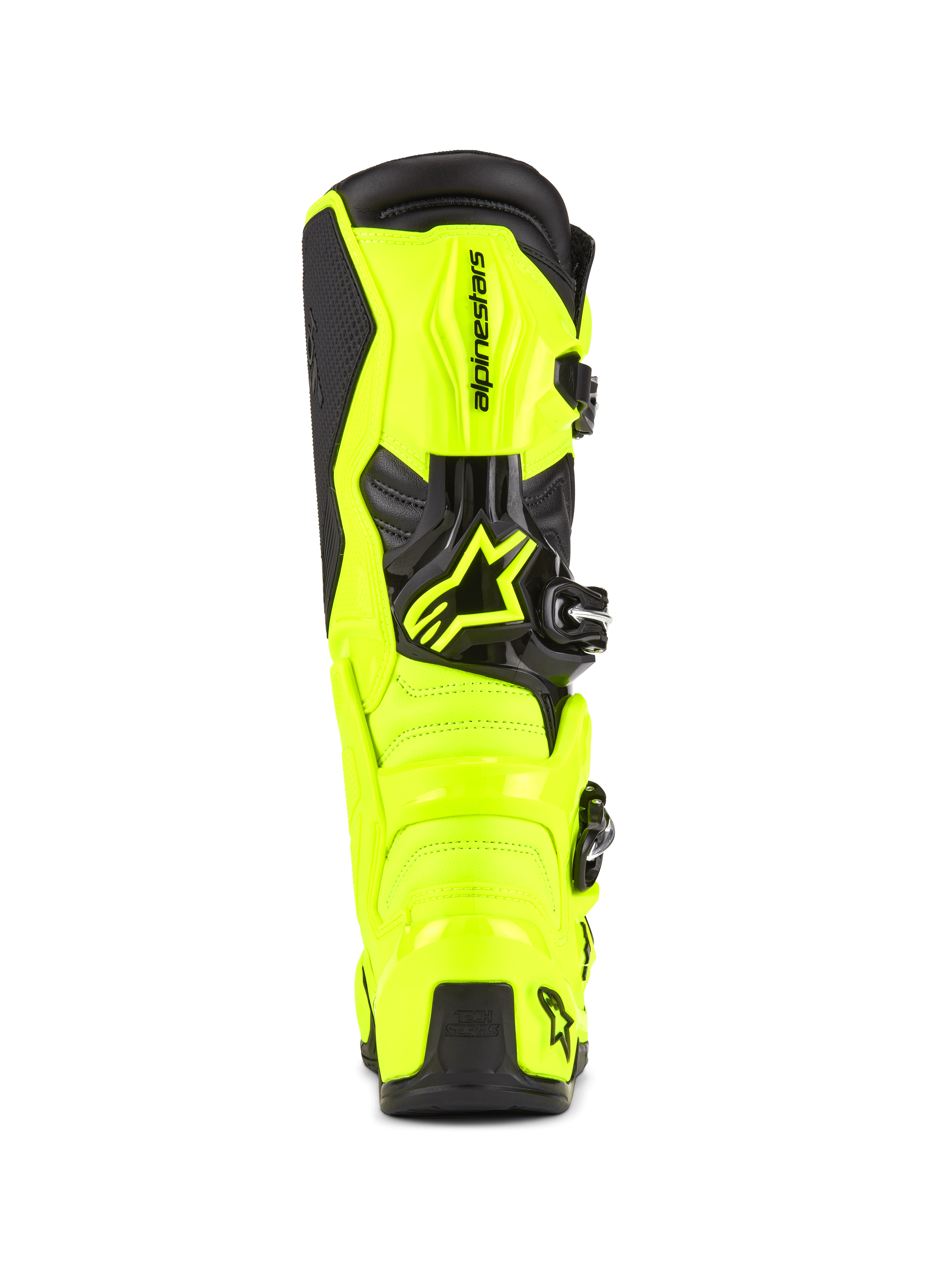 Alpinestars Tech 7 Motocross-Stiefel, Gelb Fluo und Schwarz, Rückansicht mit schützender TPU-Konstruktion und Fersenkappe, markantes Alpinestars-Logo, lebendiges High-Visibility-Design für Offroad-Performance.