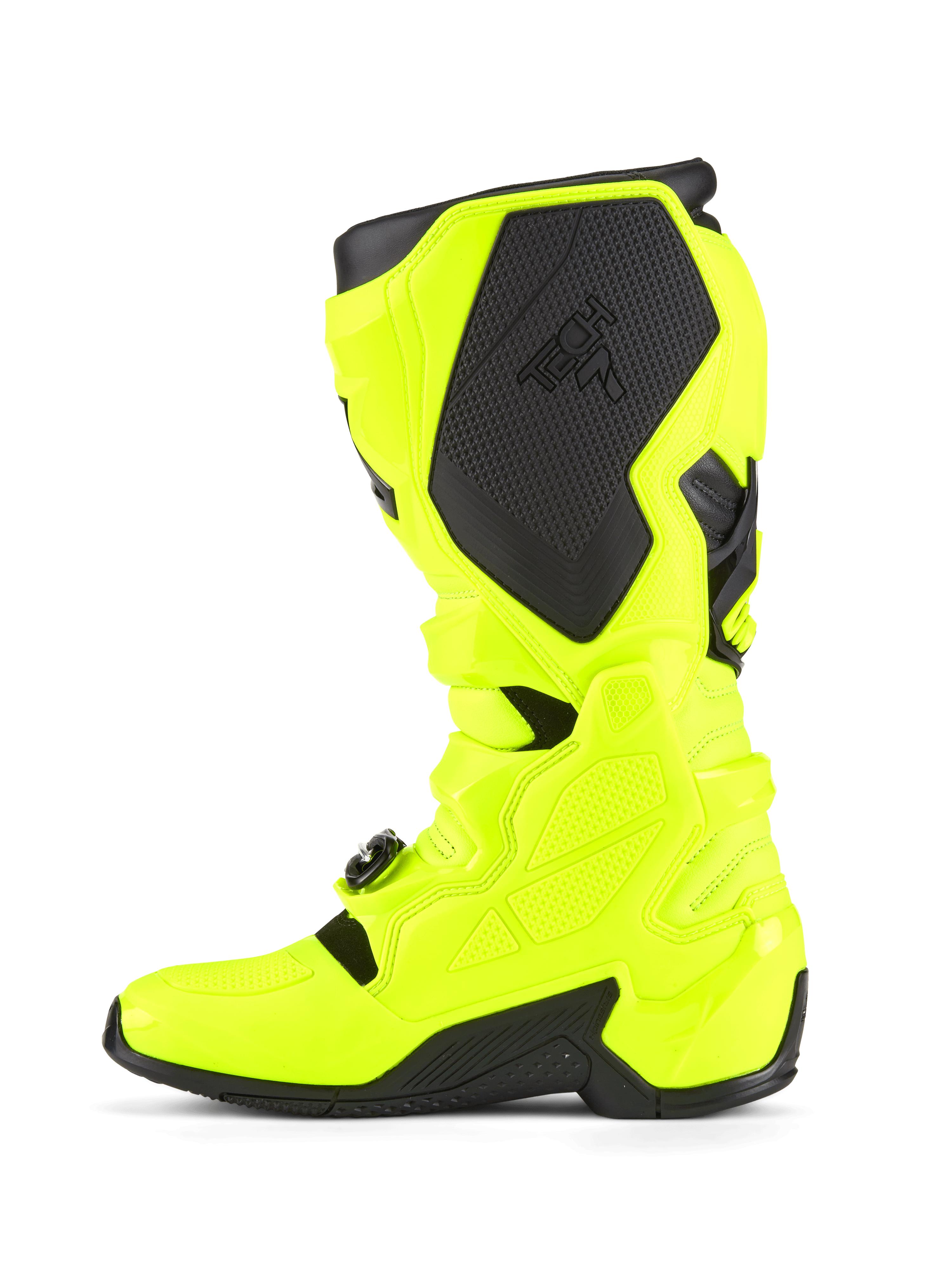 Alpinestars Tech 7 Stiefel, Motocross-Stiefel, Gelb Fluo und Schwarz, Seitenprofilansicht, welche die TPU-Schalenkonstruktion, das Schnallenverschlusssystem und die schwarzen Schutzpaneele mit Branding hervorhebt, entwickelt für Strapazierfähigkeit und Offroad-Rennsport