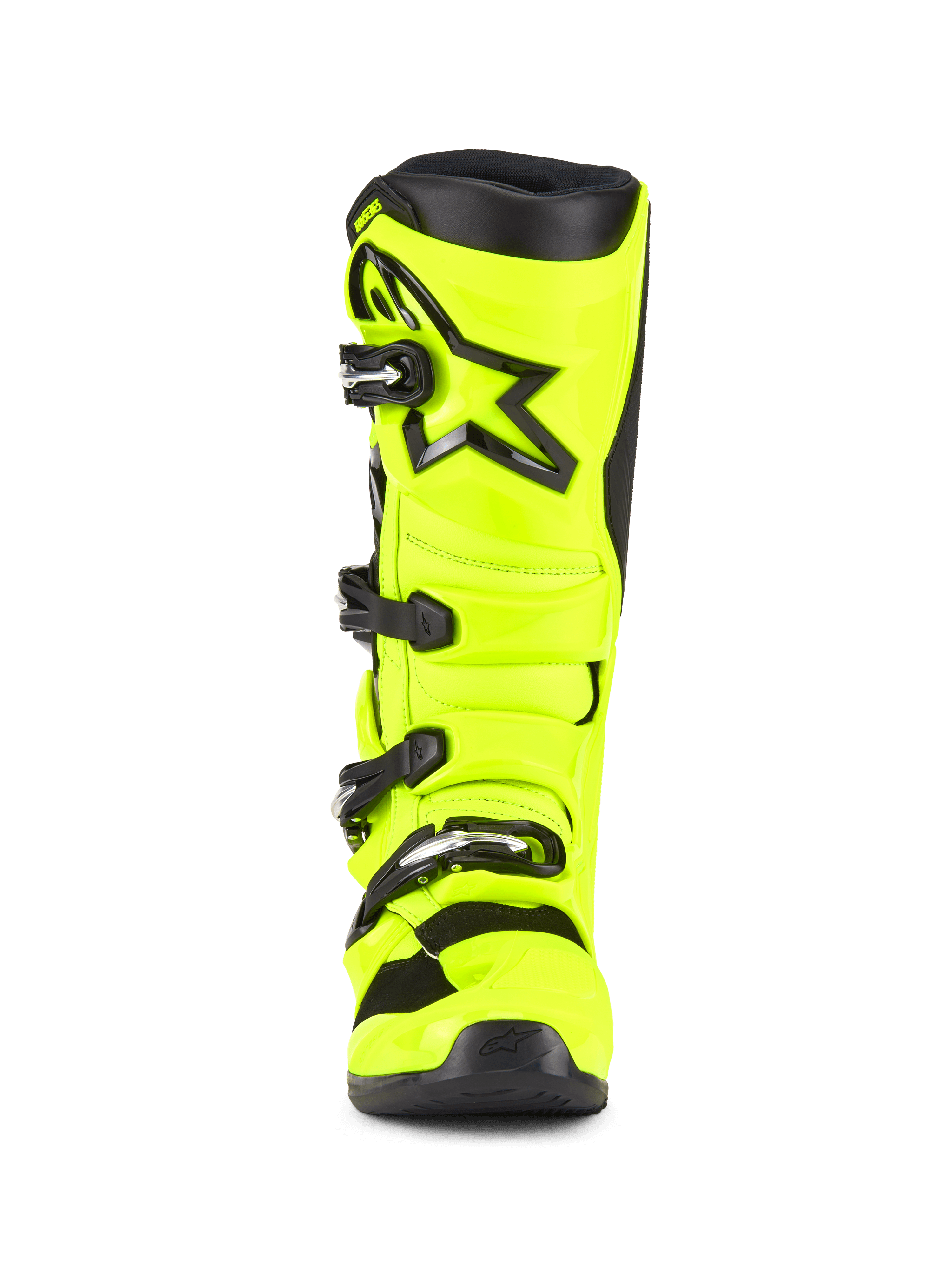 Alpinestars Tech 7 Stiefel, Motocross-Stiefel, Gelb Fluo und Schwarz, Frontansicht, mit einer leuchtend neongelben TPU-Schale, schwarzem Alpinestars-Sternlogo auf dem Schienbein und verstellbarem Schnallenverschlusssystem für Offroad-Performance.