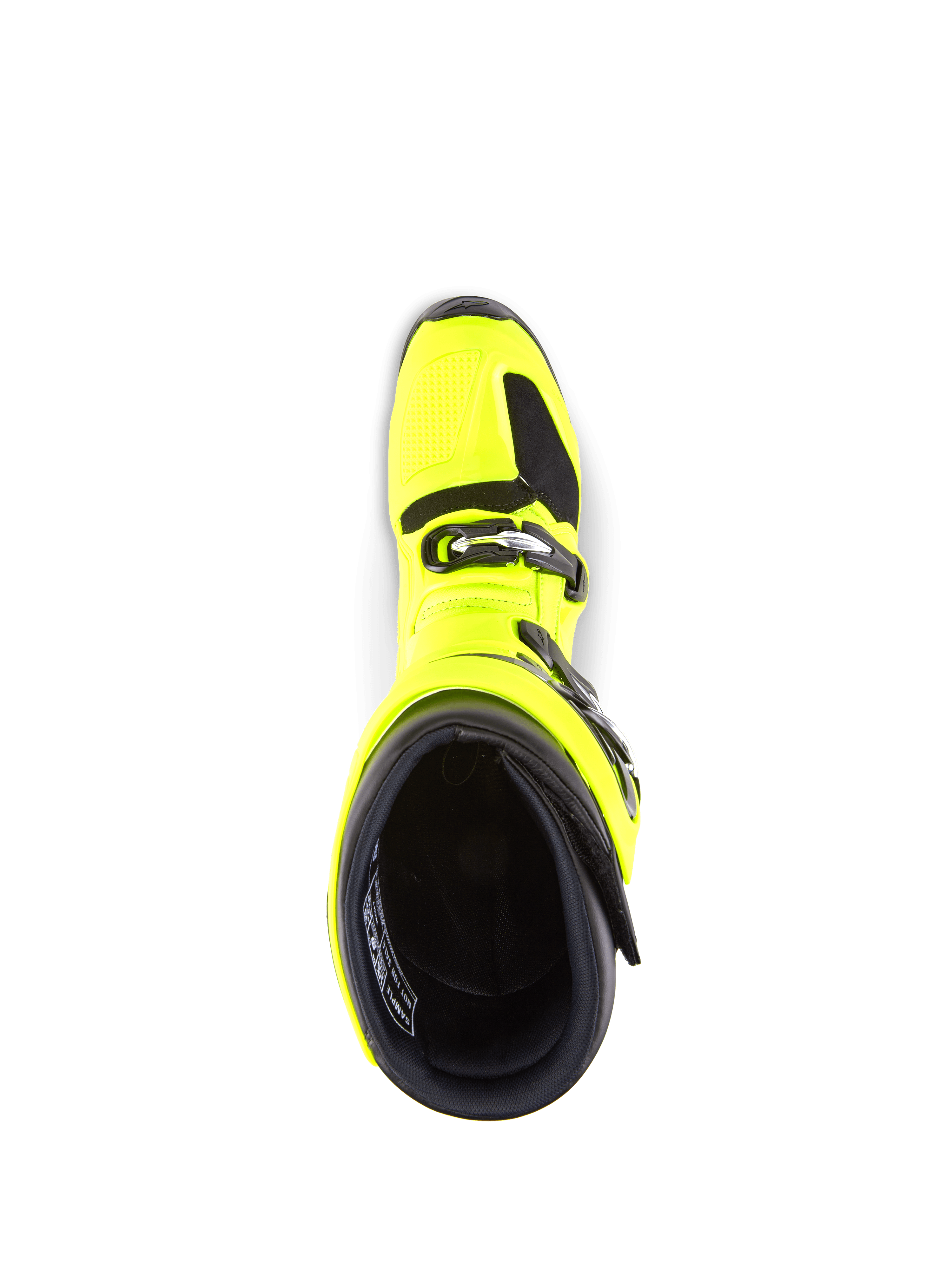 Alpinestars Tech 7 Stiefel, Motocross-Stiefel, Gelb Fluo und Schwarz, Draufsicht mit Blick in das Innere, zeigt das Schnallenverschlusssystem und den gepolsterten Schaftrand