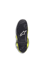Alpinestars Tech 7 Stiefel, Motocross-Stiefel, Gelb Fluo und Schwarz, Unteransicht der schwarzen Gummisohle mit strukturiertem Profilmuster, weißem Stern-Logo und einer roten Verschleißanzeige für Offroad-Strapazierfähigkeit