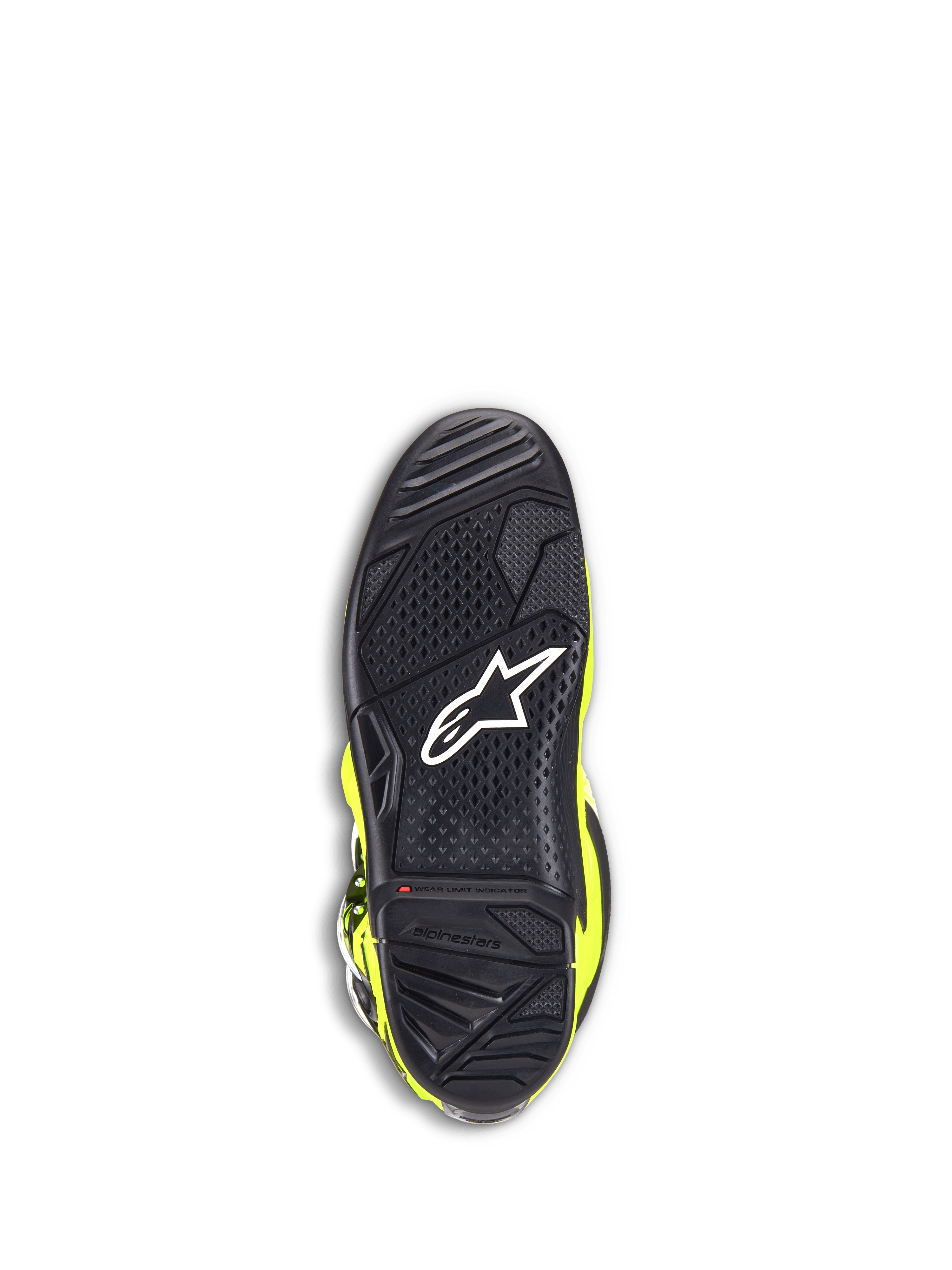 Alpinestars Tech 7 Stiefel, Motocross-Stiefel, Gelb Fluo und Schwarz, Unteransicht der schwarzen Gummisohle mit strukturiertem Profilmuster, weißem Stern-Logo und einer roten Verschleißanzeige für Offroad-Strapazierfähigkeit