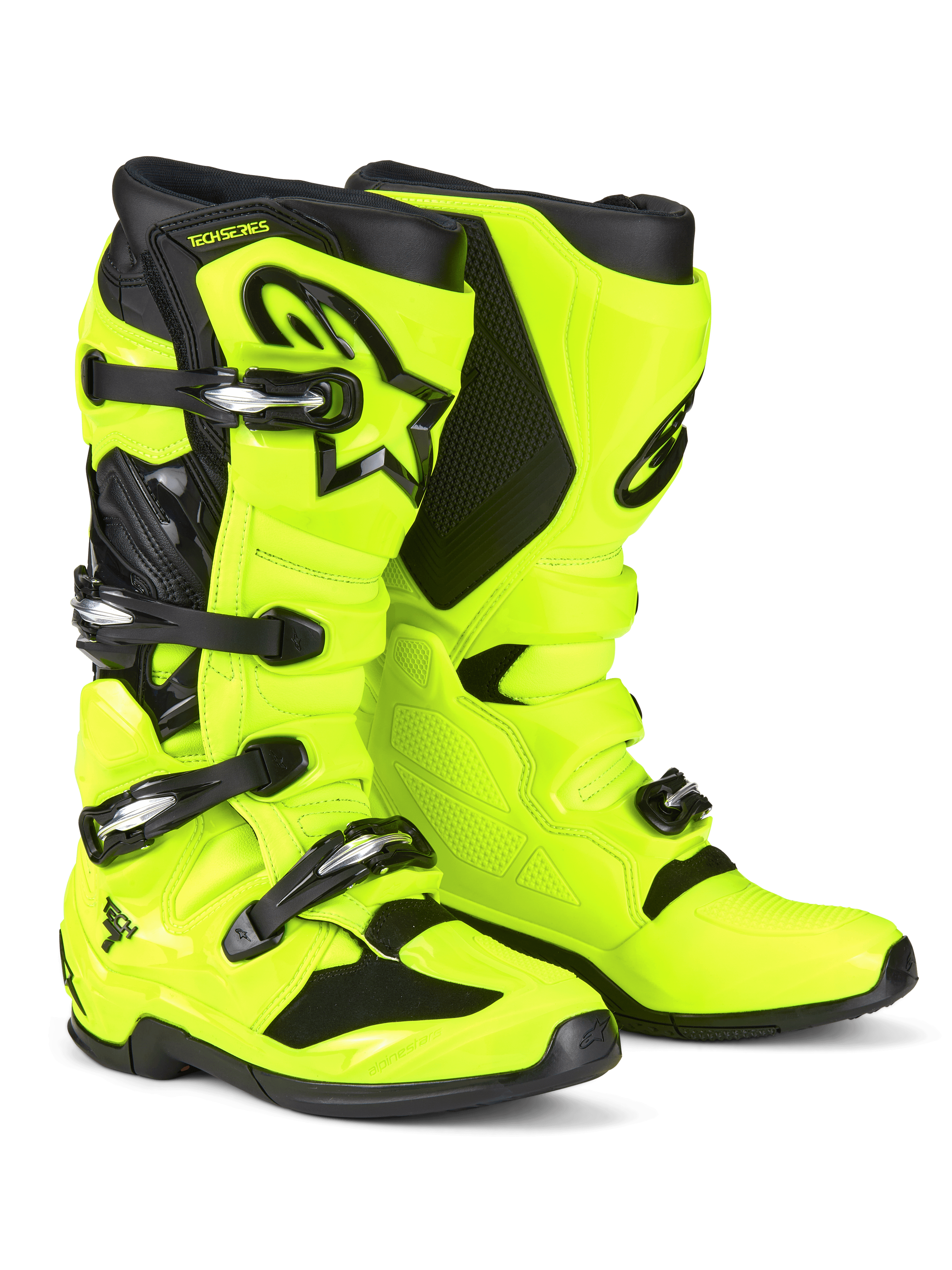 Alpinestars Tech 7 Motocross-Stiefel, Gelb Fluo und Schwarz, mit einem Vier-Schnallen-Verschlusssystem, TPU-Schutzschale, schwarzem Astars-Logo auf dem Schienbein und robuster Dual-Compound-Sohle für den Offroad-Rennsport