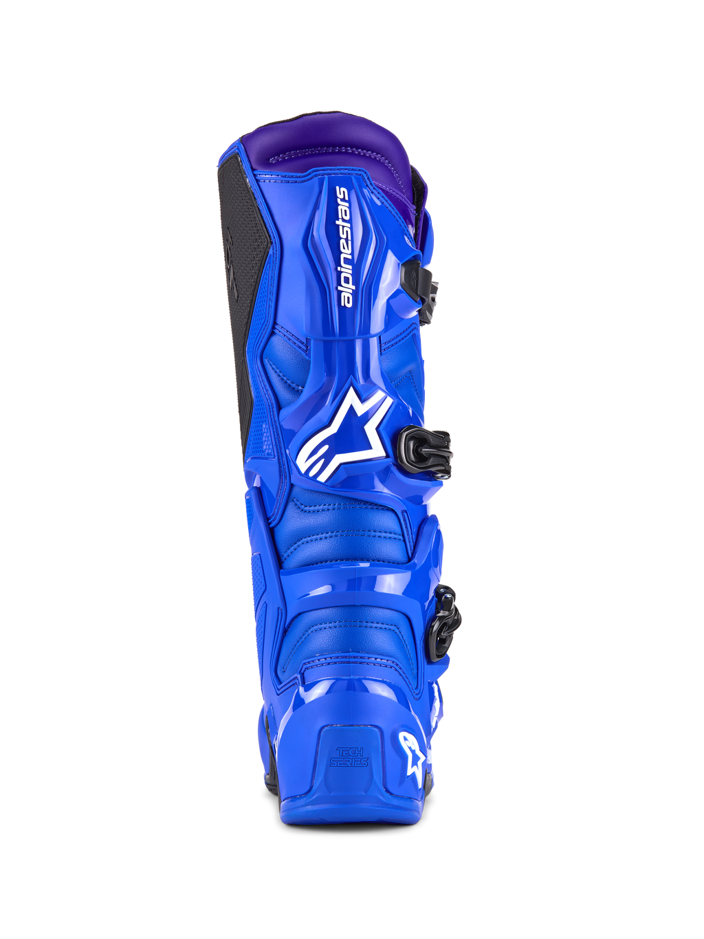 Alpinestars Tech 7 Stiefel, Motocross-Stiefel, Blau mit lila Akzenten, Rückansicht mit TPU-Schutz, weißes Alpinestars-Logo an der Ferse und schwarzes seitliches Grip-Paneel, Hochleistungs-Offroad-Schuhwerk