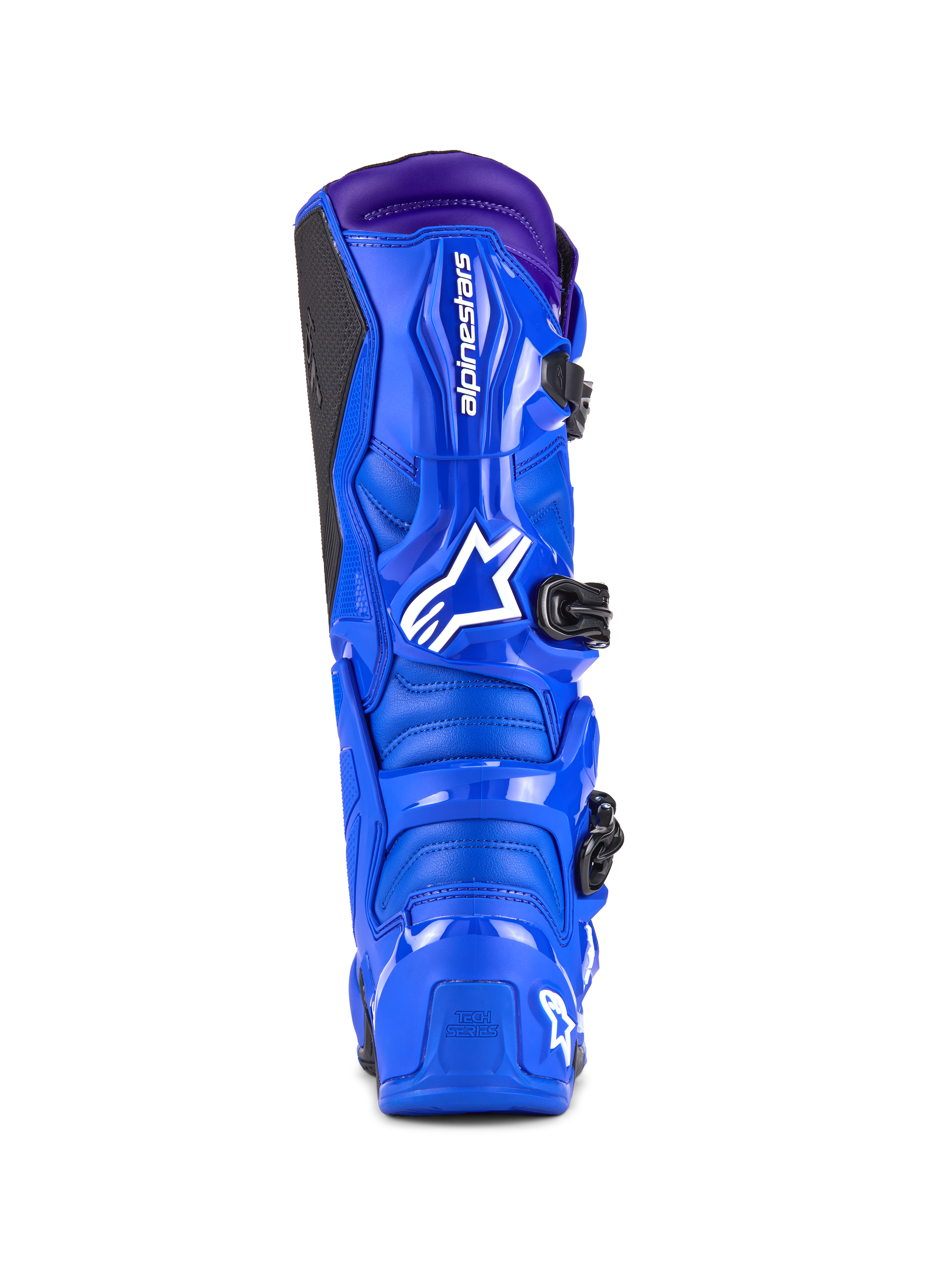 Alpinestars Tech 7 Stiefel, Motocross-Stiefel, Blau mit lila Akzenten, Rückansicht mit TPU-Schutz, weißes Alpinestars-Logo an der Ferse und schwarzes seitliches Grip-Paneel, Hochleistungs-Offroad-Schuhwerk