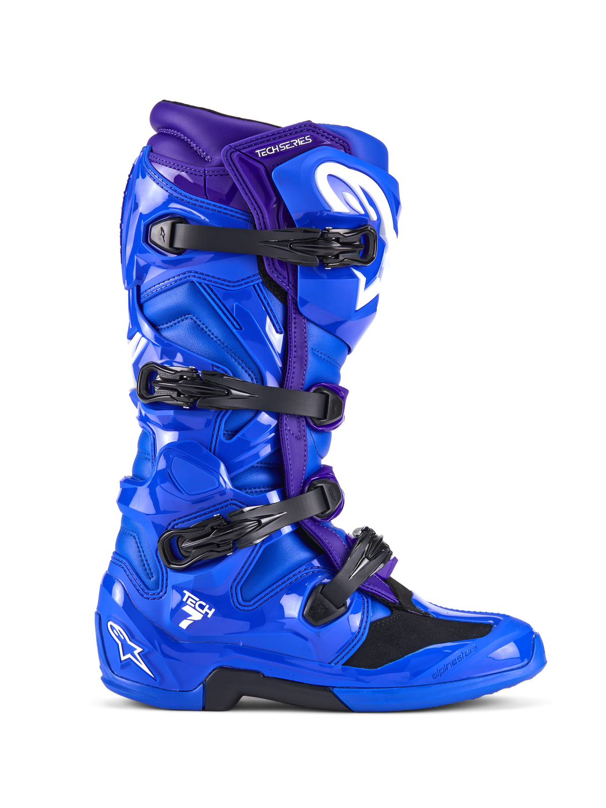 Alpinestars Tech 7 Boots, Motocross Boots, Blue and Purple, featuring four black buckles, glossy TPU protective shell with white Alpinestars logo branding, durable off-road racing footwear