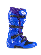 Alpinestars Tech 7 Stiefel, Motocross-Stiefel, Blau und Lila, mit vier schwarzen Schnallen, glänzende TPU-Schutzschale mit weißem Alpinestars-Logo, strapazierfähiges Offroad-Rennschuhwerk