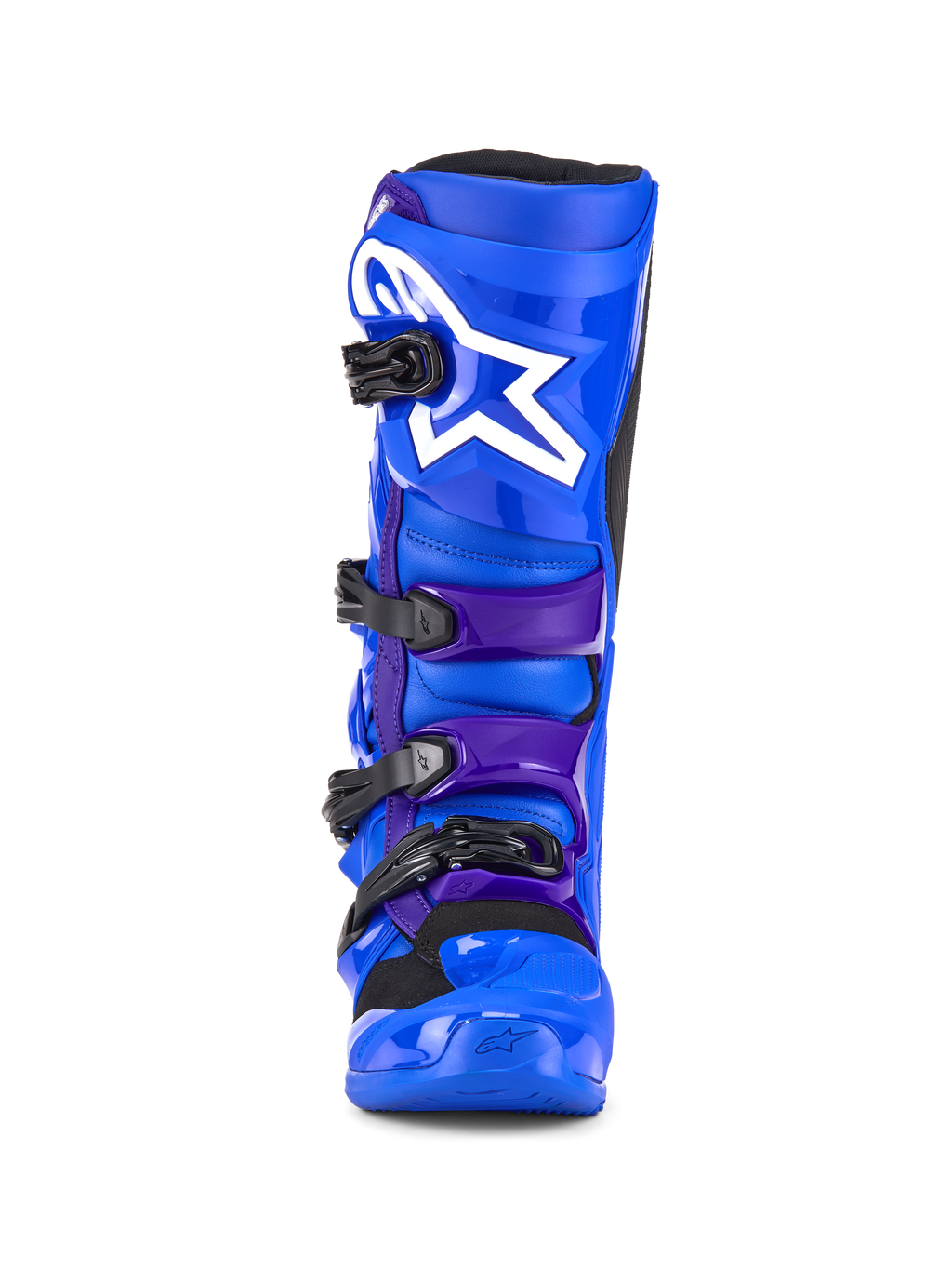 Alpinestars Tech 7 Stiefel, Motocross-Stiefel, Blau und Lila, mit weißem Stern-Logo auf der Schienbeinplatte, Vier-Schnallen-Verschlusssystem und verstärkter TPU-Konstruktion für Offroad-Rennen, Frontansicht