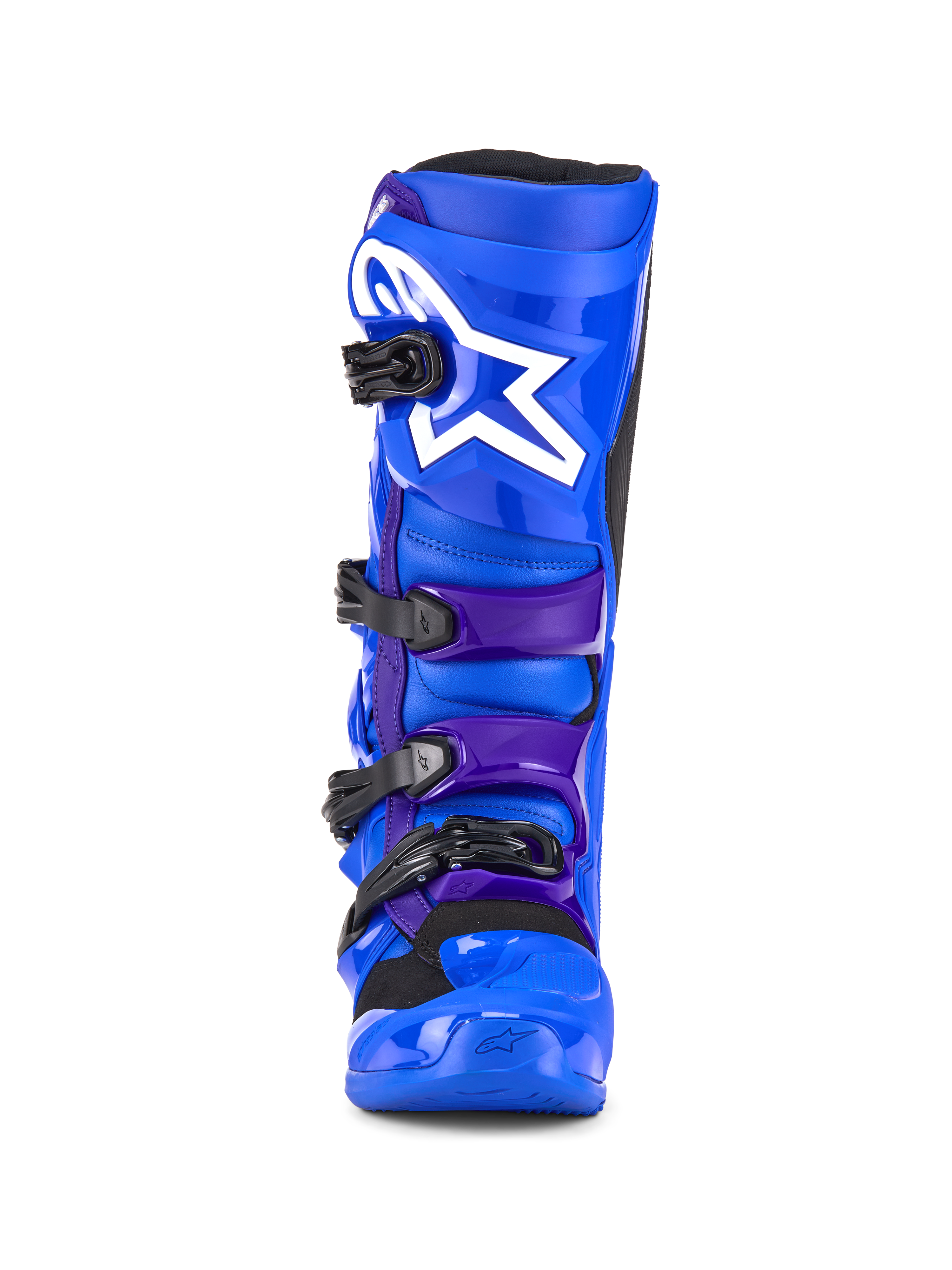 Alpinestars Tech 7 Stiefel, Motocross-Stiefel, Blau und Lila, mit weißem Stern-Logo auf der Schienbeinplatte, Vier-Schnallen-Verschlusssystem und verstärkter TPU-Konstruktion für Offroad-Rennen, Frontansicht