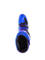 Alpinestars Tech 7 Stiefel, Motocross-Stiefel, Blau mit violetten und schwarzen Akzenten, Draufsicht mit Fokus auf das Innenfutter und das Schnallensystem, strapazierfähige TPU- und Mikrofaser-Konstruktion für Offroad-Performance