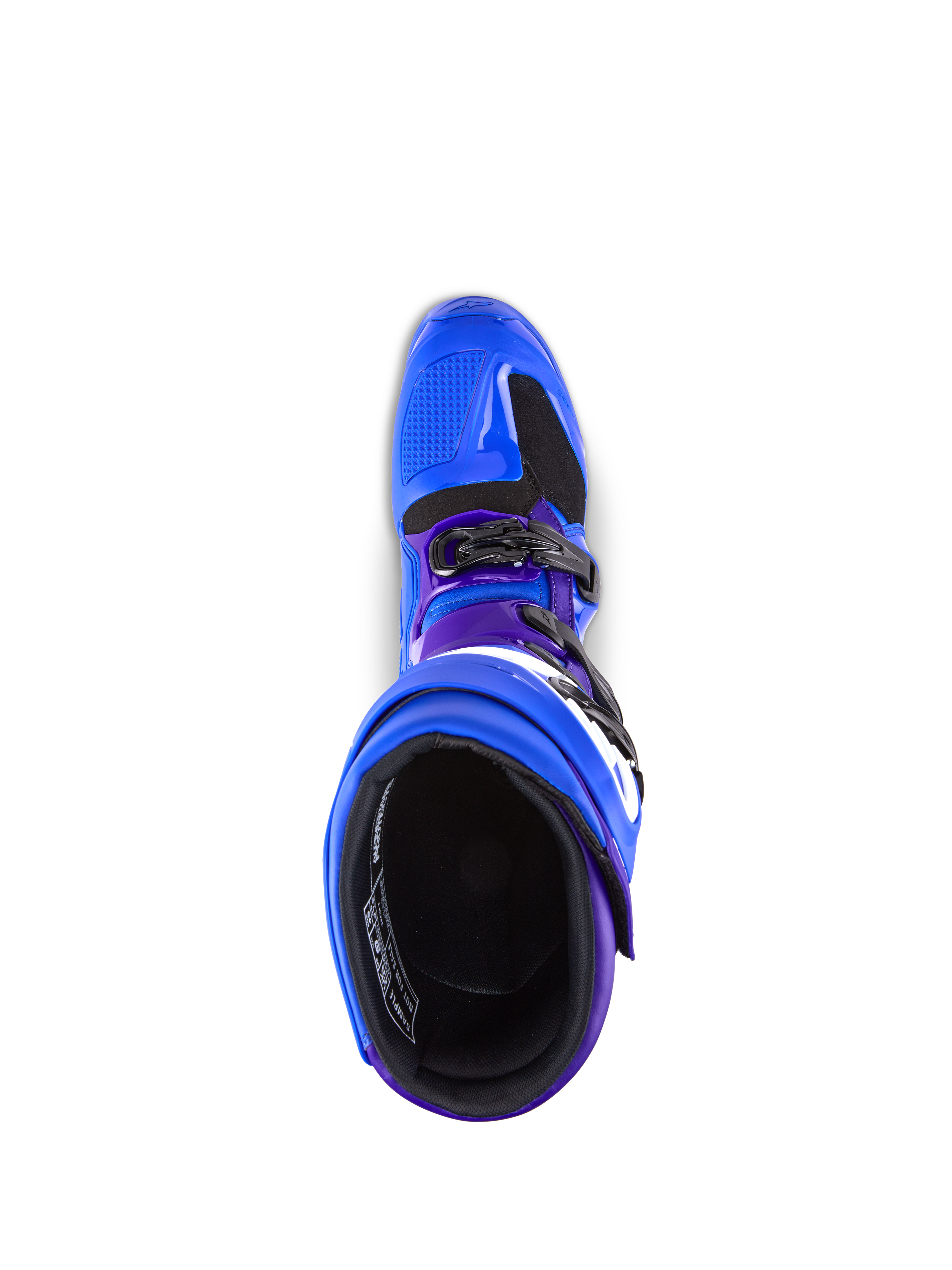 Alpinestars Tech 7 Stiefel, Motocross-Stiefel, Blau mit violetten und schwarzen Akzenten, Draufsicht mit Fokus auf das Innenfutter und das Schnallensystem, strapazierfähige TPU- und Mikrofaser-Konstruktion für Offroad-Performance