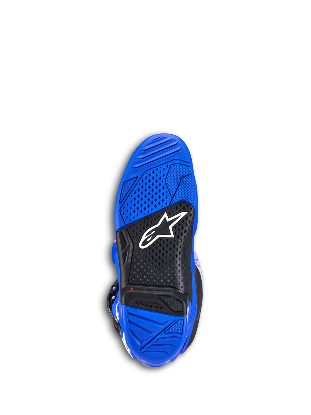 Alpinestars Tech 7 Stiefel, Motocross-Stiefel, Blau, Unteransicht der Sohle mit blauem und schwarzem strukturiertem Gummi, weißem Alpinestars-Logo und roter Verschleißanzeige, strapazierfähiges Offroad-Schuhwerk