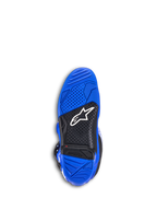 Alpinestars Tech 7 Stiefel, Motocross-Stiefel, Blau, Unteransicht der Sohle mit blauem und schwarzem strukturiertem Gummi, weißem Alpinestars-Logo und roter Verschleißanzeige, strapazierfähiges Offroad-Schuhwerk