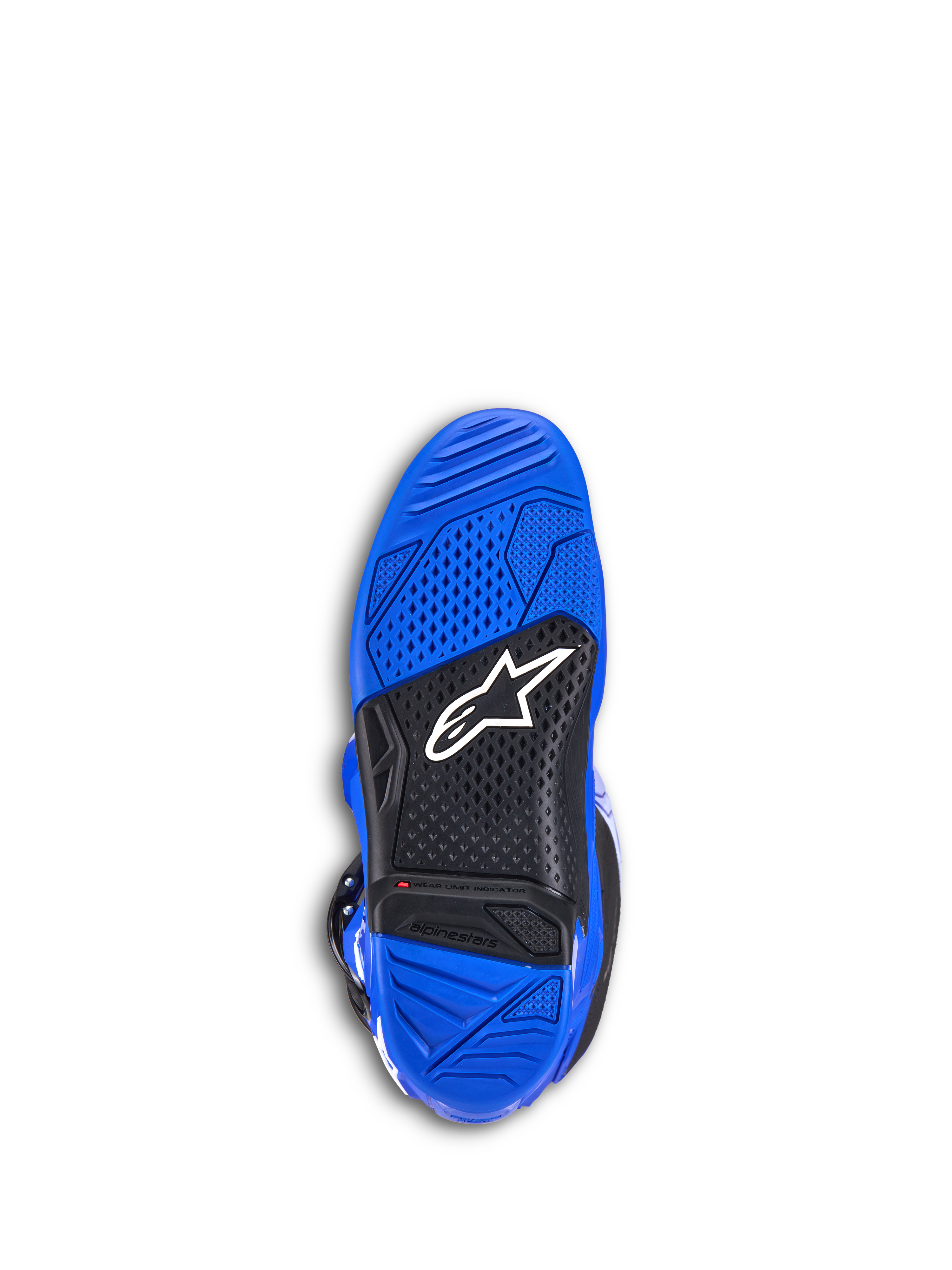 Alpinestars Tech 7 Stiefel, Motocross-Stiefel, Blau, Unteransicht der Sohle mit blauem und schwarzem strukturiertem Gummi, weißem Alpinestars-Logo und roter Verschleißanzeige, strapazierfähiges Offroad-Schuhwerk
