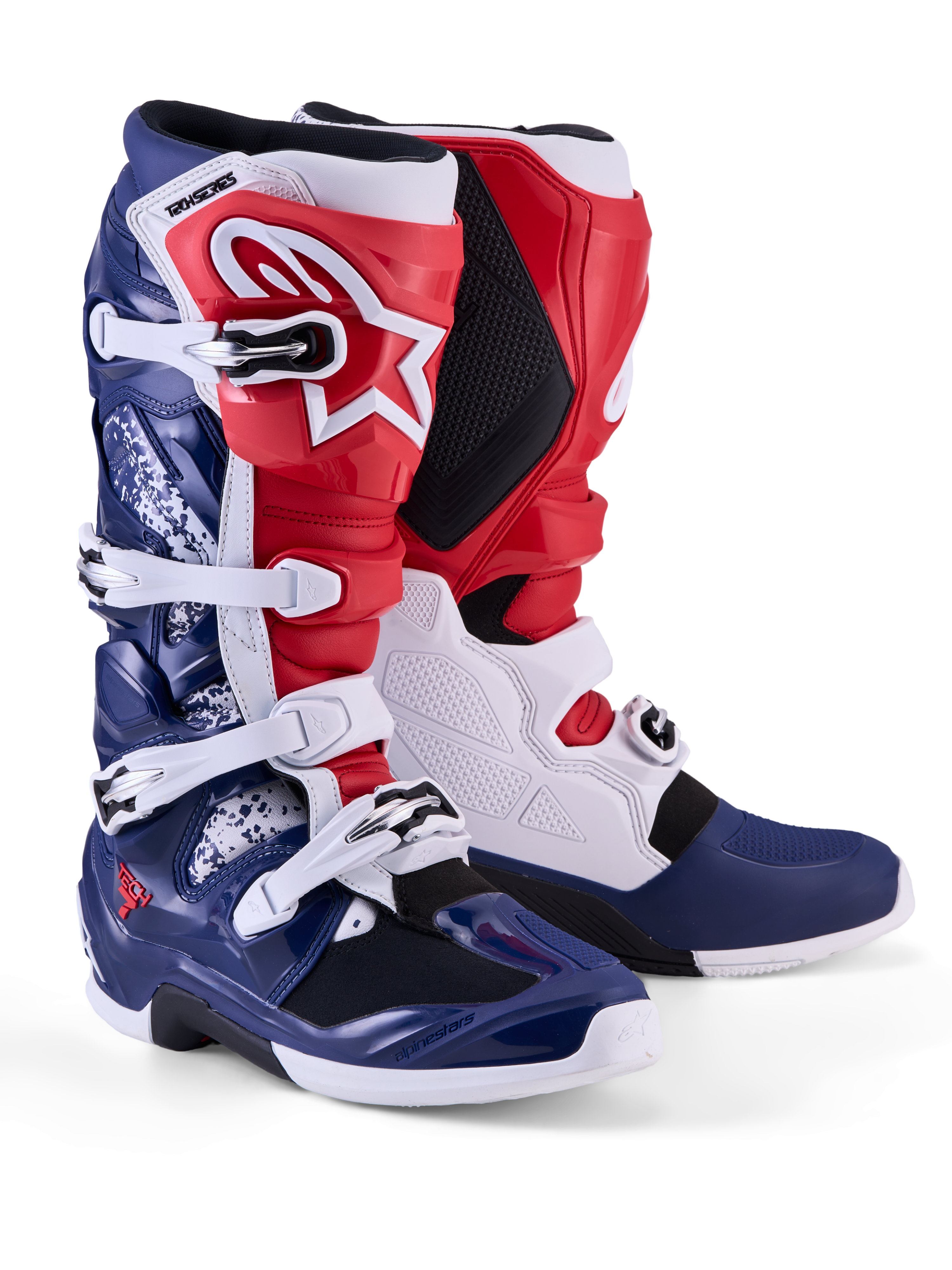 Alpinestars Limited Edition Tech 7 Unity Boots, motocross boots in red, white, and blue with TPU armor and buckle closure.