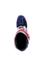 Alpinestars Tech 7 Unity Boots, red, white, and blue motocross racing boots, top-down view with protective TPU panels.