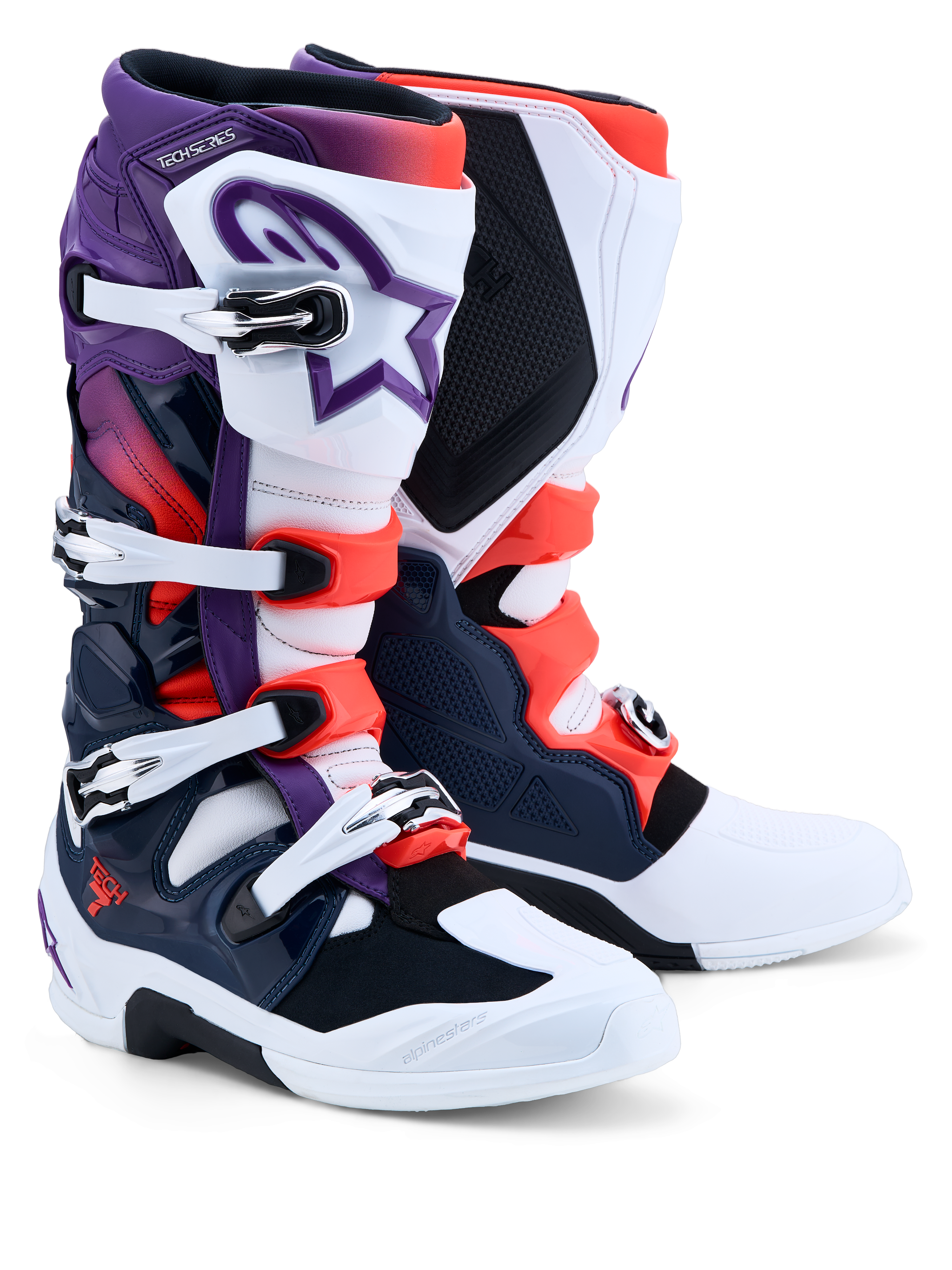 Alpinestars Tech 7 Stiefel, Herren-Motocross-Stiefel, Lila, Weiß, Dunkelblau und Rot Fluo, CE-zertifiziert mit TPU-Schutz.