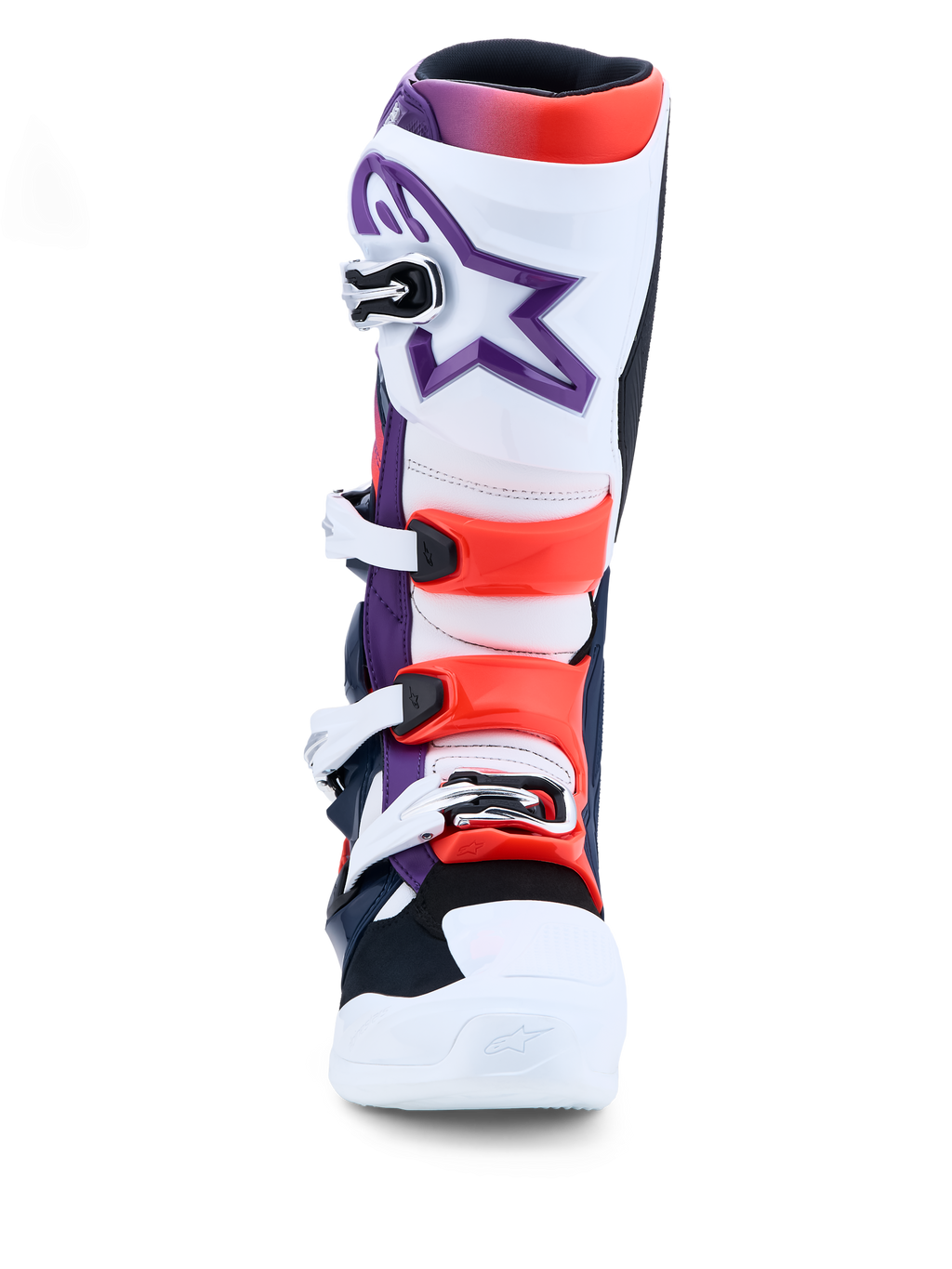 Alpinestars Tech 7 Motocross-Stiefel in Lila, Weiß und Fluo-Rot mit TPU-Schutz und Schnallenverschlüssen.