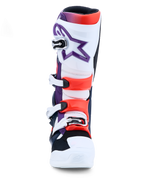 Alpinestars Tech 7 Motocross-Stiefel in Lila, Weiß und Fluo-Rot mit TPU-Schutz und Schnallenverschlüssen.
