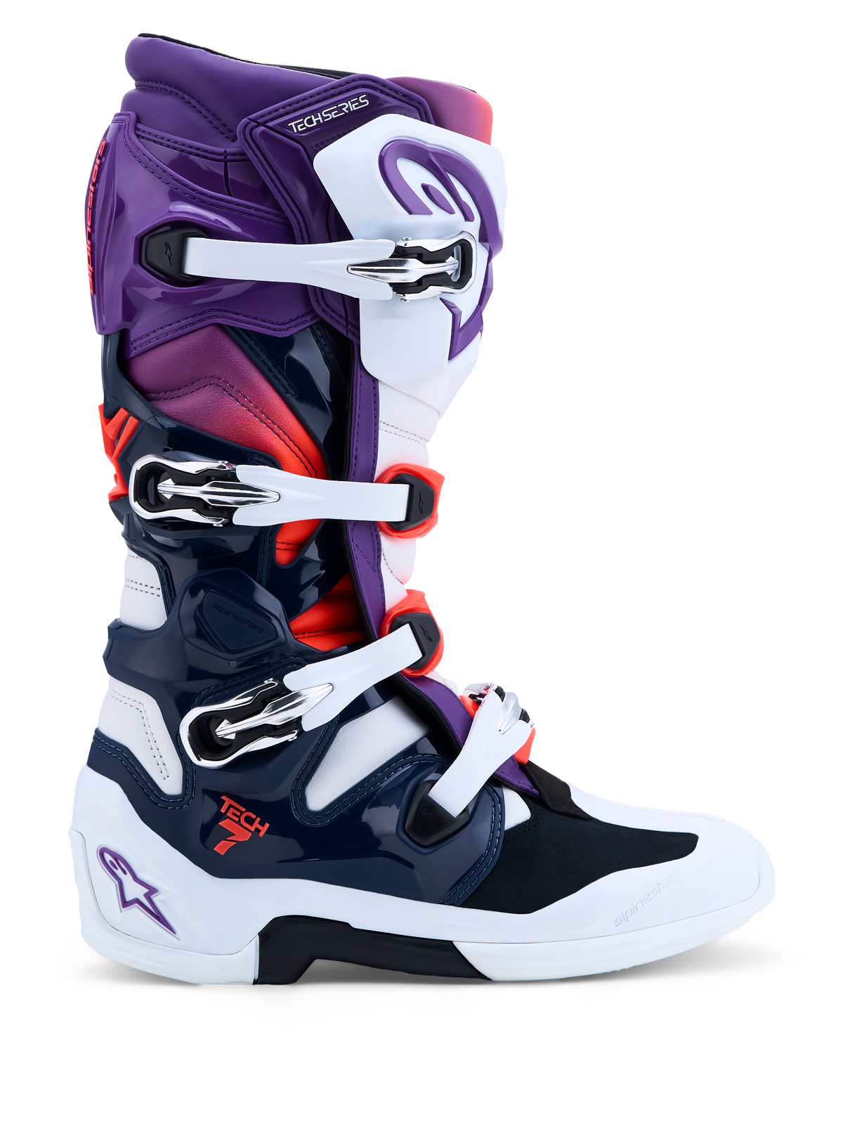 Alpinestars Tech 7 Motocross Boots in purple, white, and dark blue, with dual pivot system and CE-certified protection.