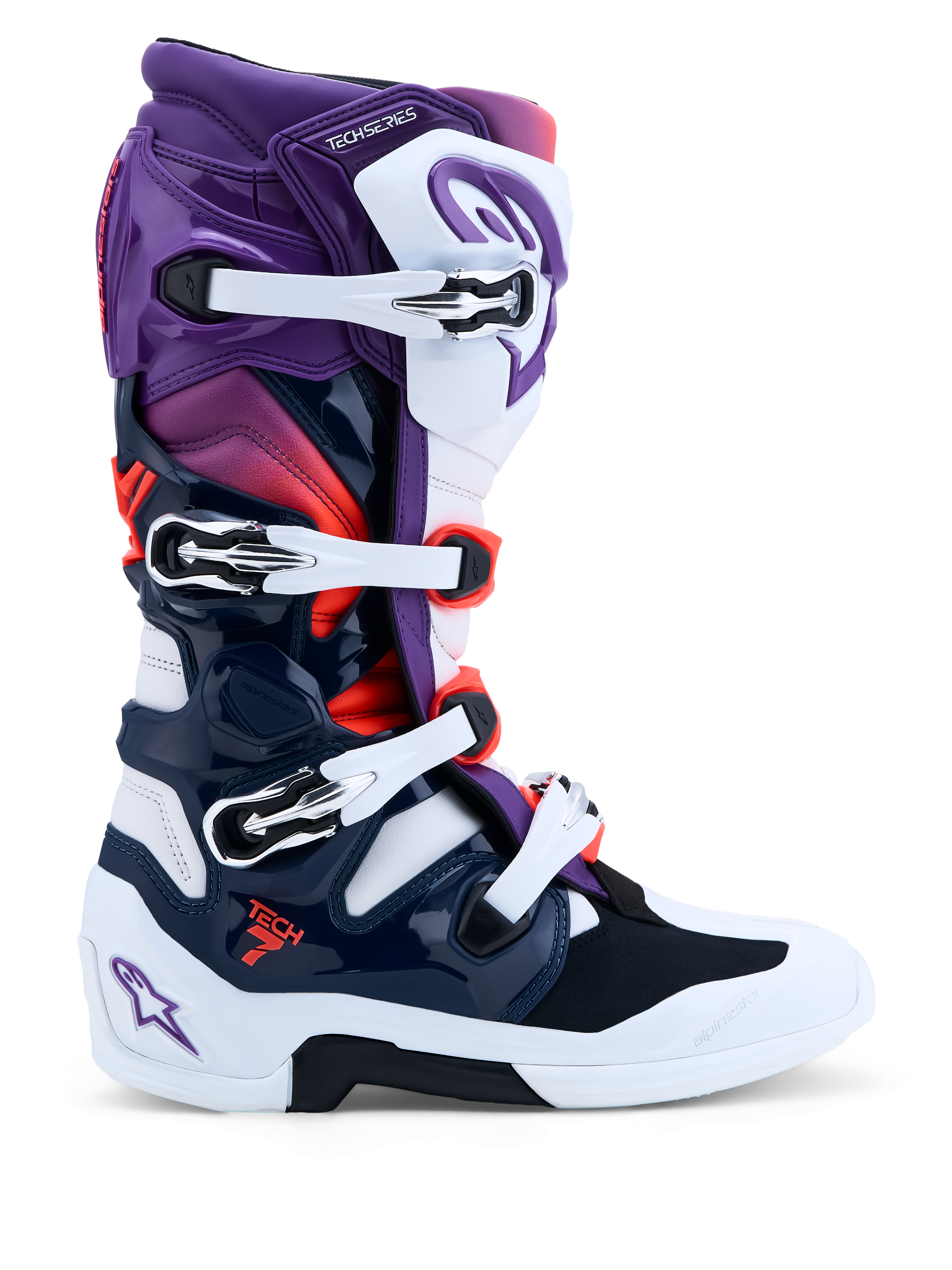 Alpinestars Tech 7 Stiefel, Motocross-Stiefel für Herren, Lila, Weiß und Dunkelblau, CE-zertifiziert mit TPU-Schutz und Dual-Pivot-System für maximale Offroad-Performance.