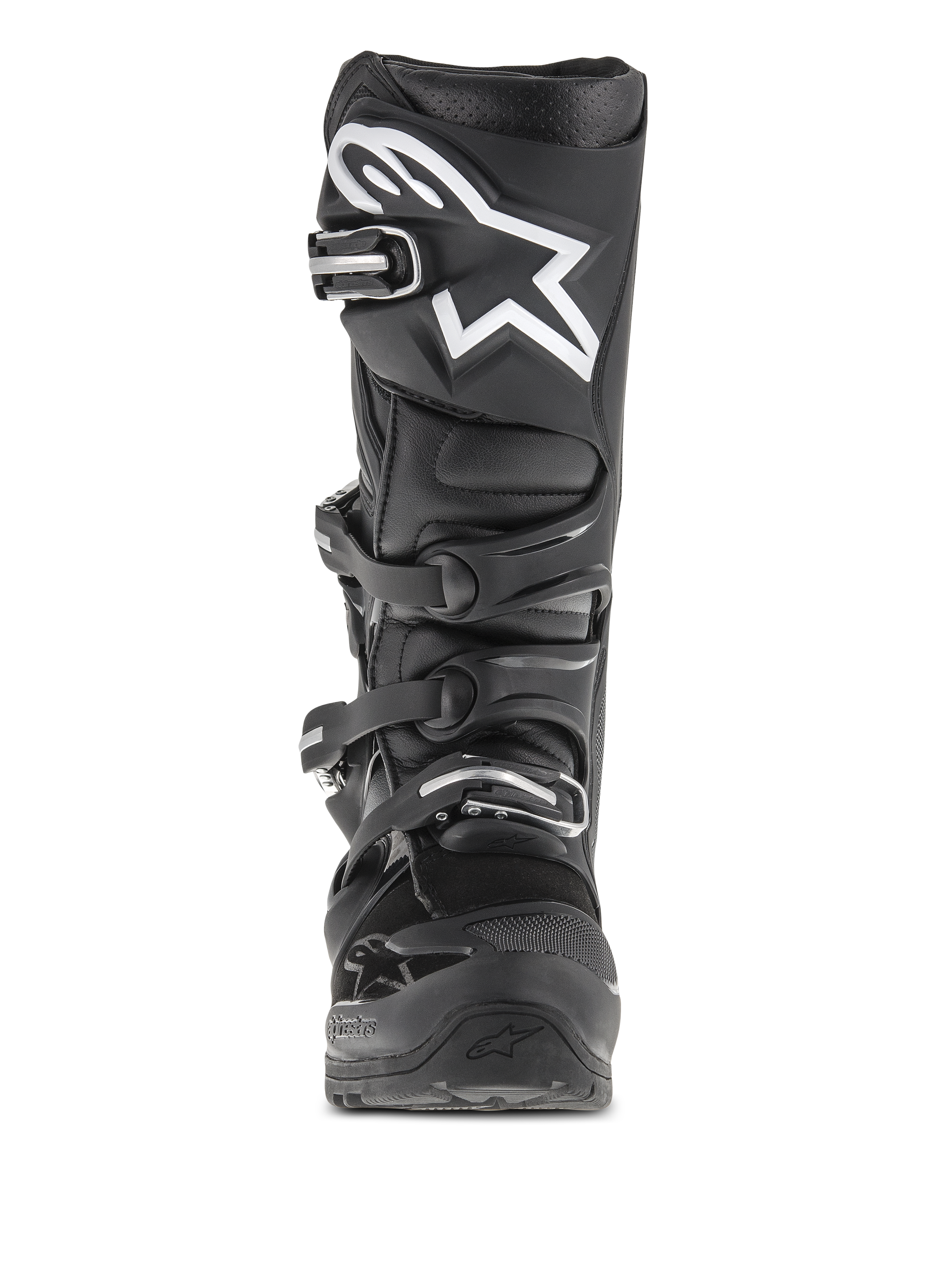 Alpinestars Tech 7 Enduro Boots, Motocross and Enduro Boots, Black, front-facing view featuring a white star logo on the shin, four-buckle closure system, and reinforced protective structure for off-road use