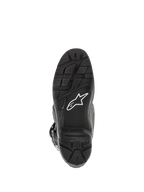 Alpinestars Tech 7 Enduro Boots, Black, bottom view of the sole, featuring a rugged tread pattern for Enduro riding, white star logo, and replaceable footpeg insert.