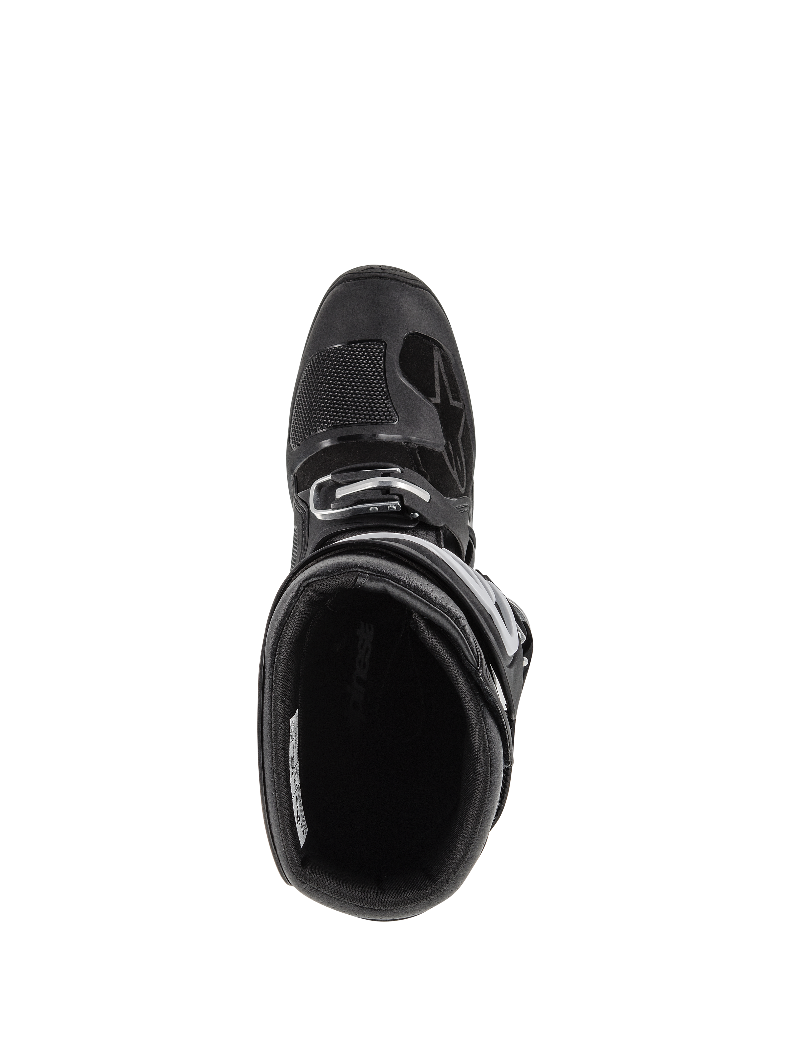 Alpinestars Tech 7 Enduro Boots, Motocross Boots, Black, top-down view looking into the padded interior, showing the adjustable buckle closure and reinforced toe box with a textured shift pad.
