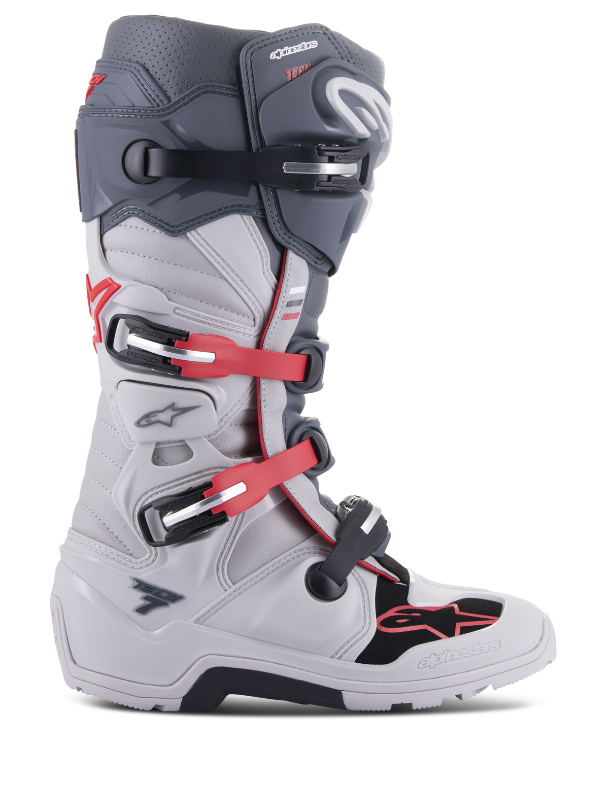 Alpinestars Tech 7 Enduro Boots, Off-Road Motorcycle Boots, Light Gray and Dark Gray with Bright Red Accents, side view featuring a multi-buckle closure system, biomechanical pivot for stability, and reinforced TPU protection panels, rugged enduro-specific sole, high-performance gear for motocross and trail riding.