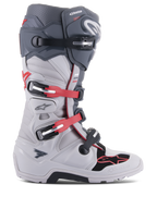 Alpinestars Tech 7 Enduro Boots, Off-Road Motorcycle Boots, Light Gray and Dark Gray with Bright Red Accents, side view featuring a multi-buckle closure system, biomechanical pivot for stability, and reinforced TPU protection panels, rugged enduro-specific sole, high-performance gear for motocross and trail riding.