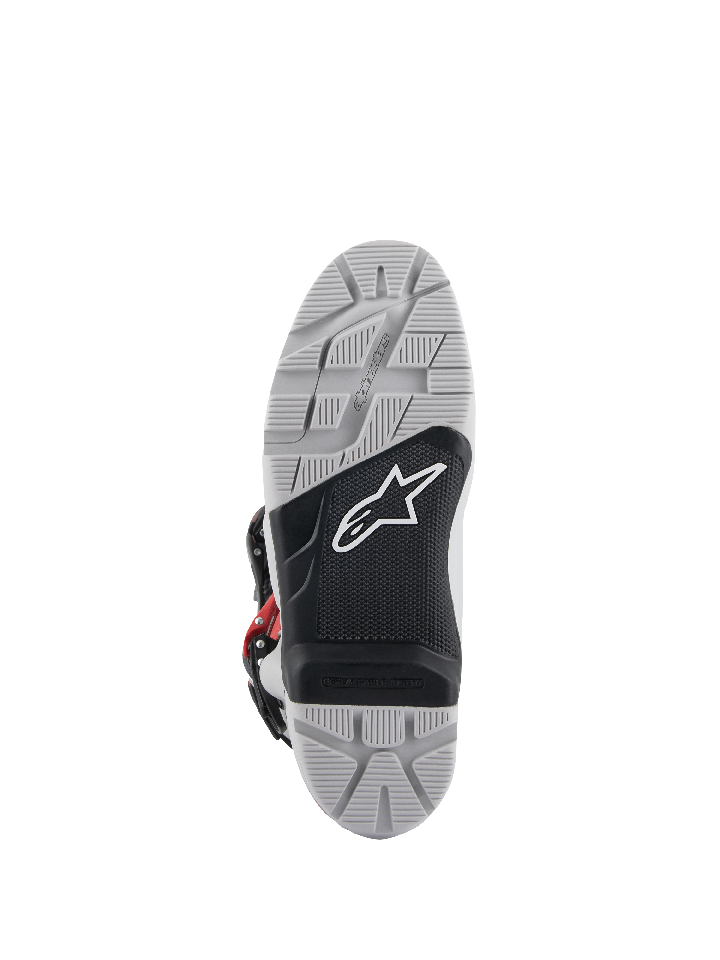 Alpinestars Tech 7 Enduro Boots, outsole view, gray and black dual-compound sole featuring a white star logo, deep textured tread for maximum off-road grip, replaceable footpeg insert designed for enduro and off-road riding durability