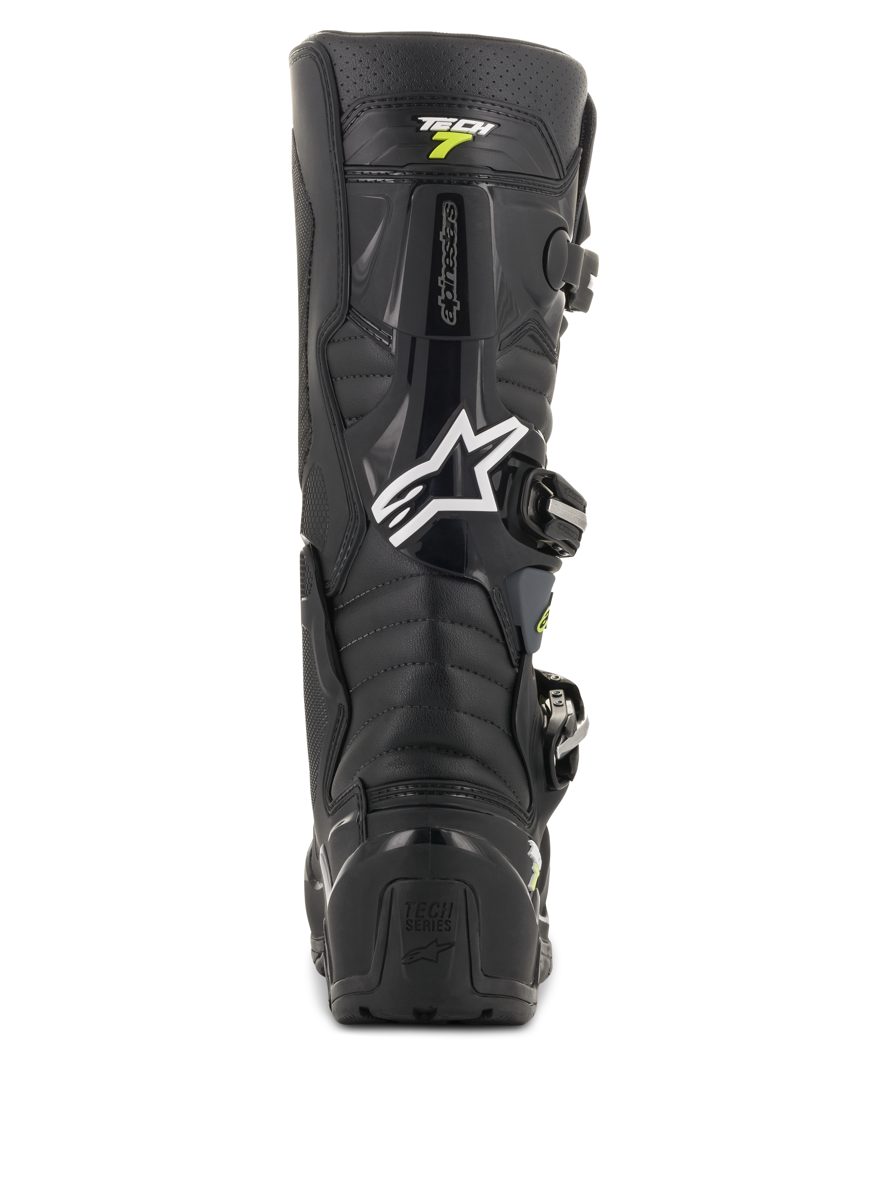 Alpinestars Tech 7 Enduro Drystar Boots, Black and Gray Motocross Boots, rear view featuring the white Alpinestars logo and 'Tech 7' branding, rugged TPU heel protection and reinforced construction for off-road durability
