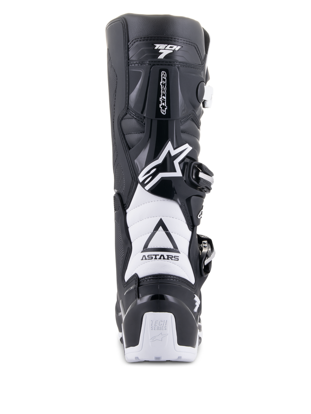 Alpinestars Tech 7 Enduro Drystar Stiefel, Schwarz und Weiß, Rückansicht mit TPU-Schutzstruktur, weißen Akkordeon-Flexzonen und Schnallenverschlusssystem, Alpinestars-Branding an Ferse und Schaft