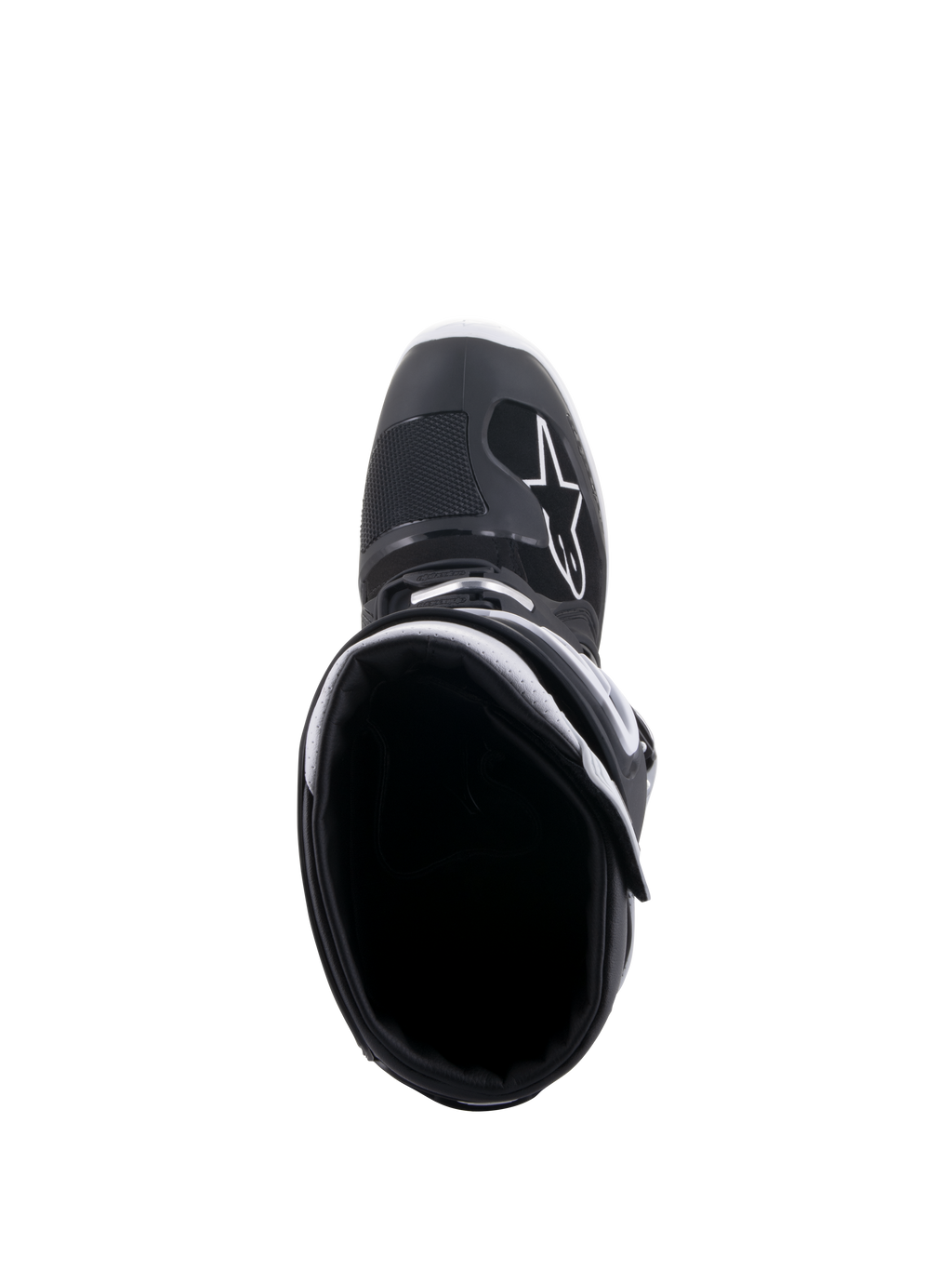 Alpinestars Tech 7 Enduro Drystar® Stiefel, Schwarz und Weiß, Ansicht von oben in die Stiefelöffnung, mit weißem A-Star-Logo im Zehenbereich, weißem Kragenfutter und wasserdichtem Hochleistungsdesign für Enduro-Fahrten