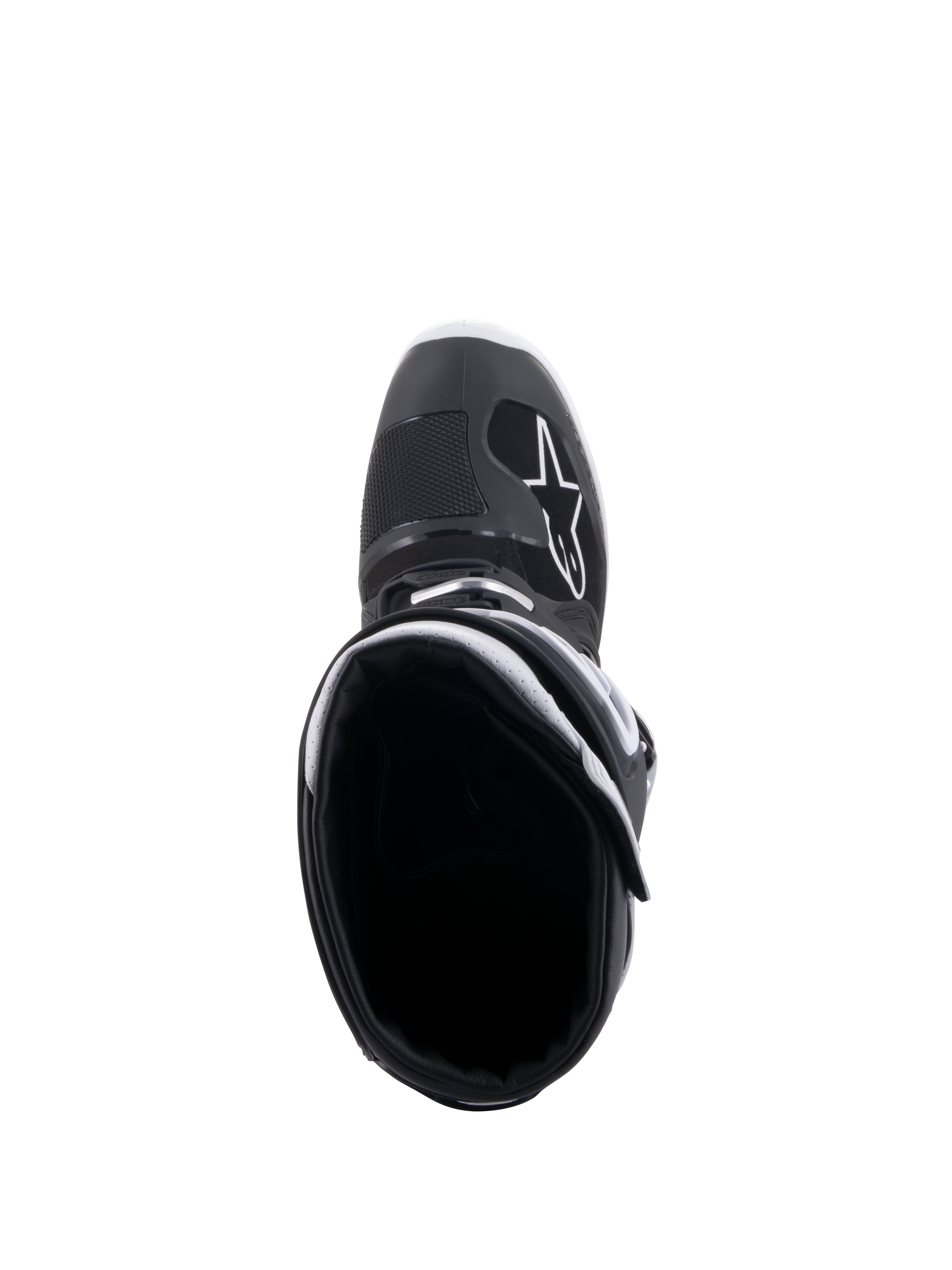 Alpinestars Tech 7 Enduro Drystar® Stiefel, Schwarz und Weiß, Ansicht von oben in die Stiefelöffnung, mit weißem A-Star-Logo im Zehenbereich, weißem Kragenfutter und wasserdichtem Hochleistungsdesign für Enduro-Fahrten