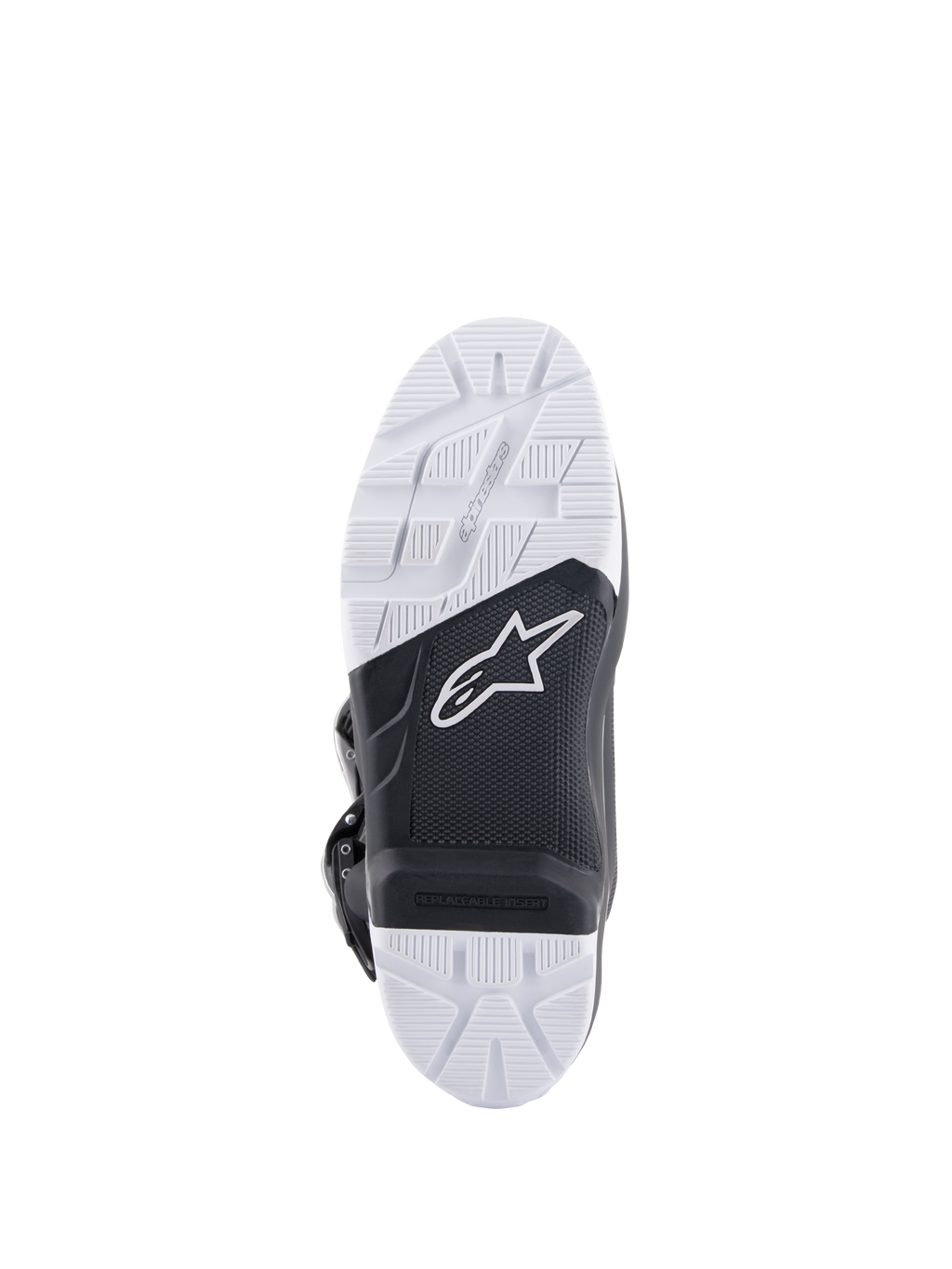 Alpinestars Tech 7 Enduro Drystar® Stiefel, Detailansicht der Sohle, hochgriffige schwarz-weiße Gummi-Doppeldichte-Verbund-Außensohle, mit Alpinestars-Logo und austauschbarem Fußrasteneinsatz, konzipiert für Offroad- und Enduro-Traktion.