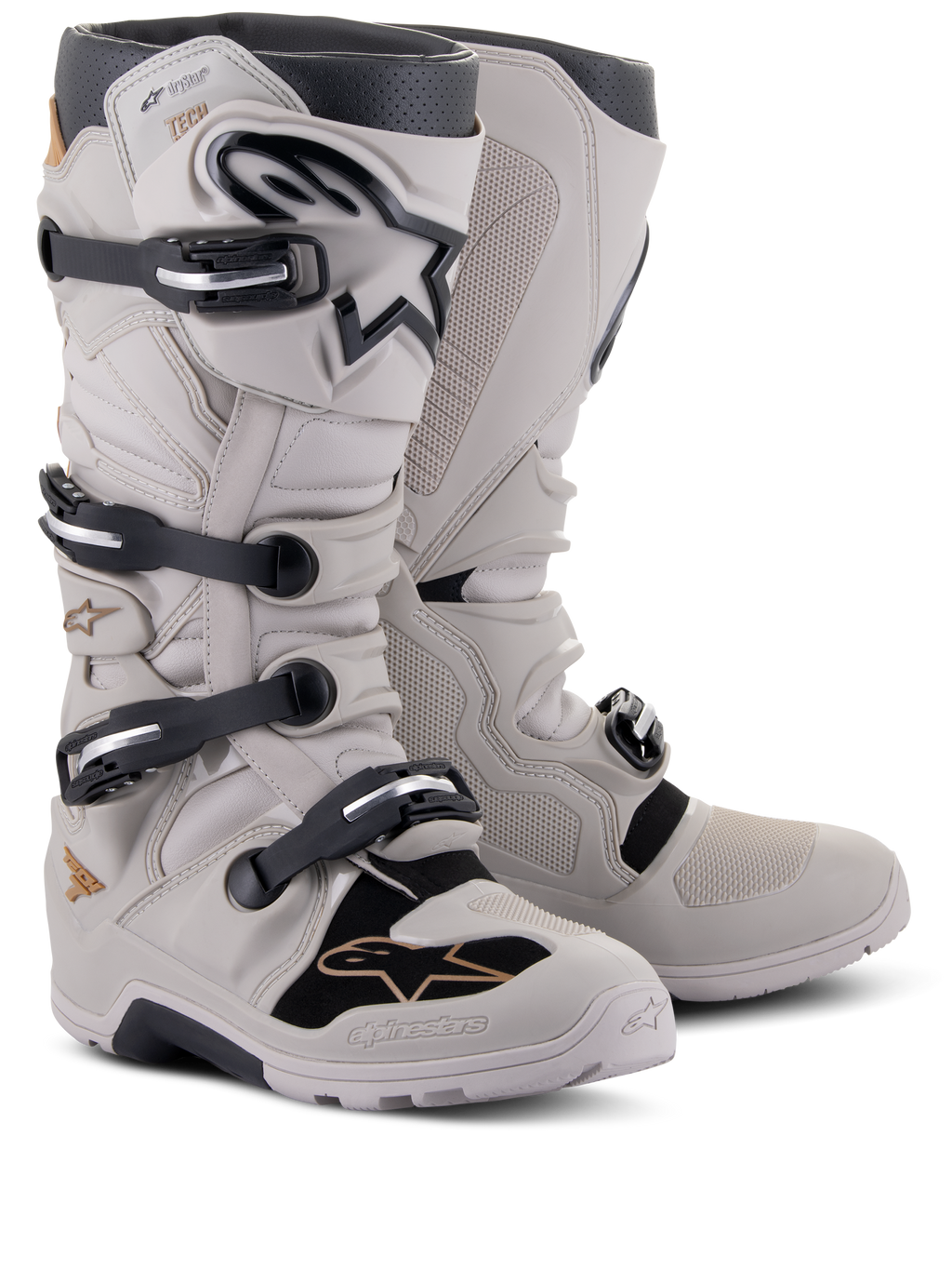 Alpinestars Tech 7 Enduro Drystar® Stiefel, Offroad-Enduro-Stiefel, Gray Sand, mit vier schwarzen Schnallenverschlüssen, wasserdichter Membran, TPU-Schienbeinplatte und robuster Sohle für Motocross- und Enduro-Einsätze