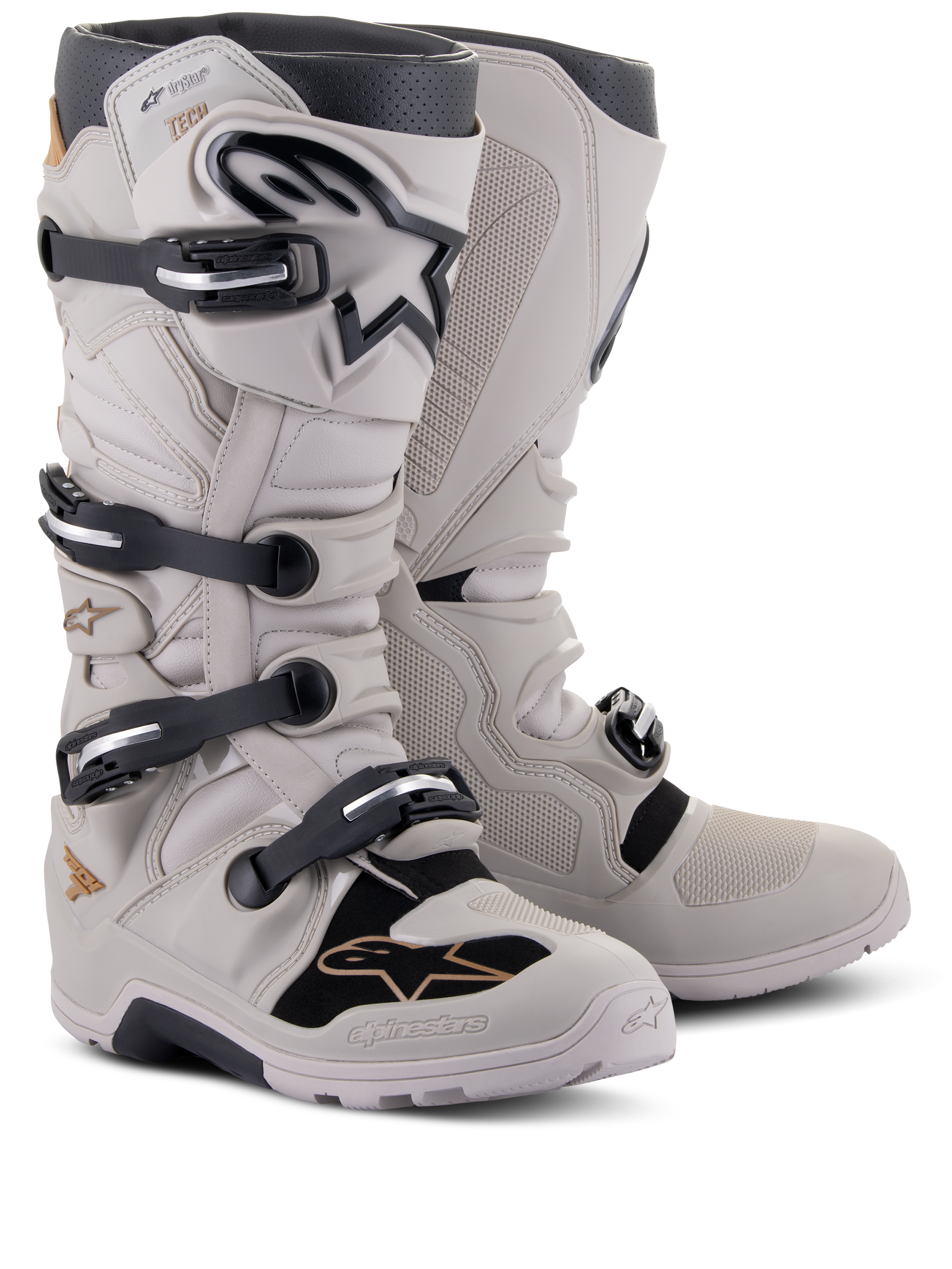 Alpinestars Tech 7 Enduro Drystar® Stiefel, Offroad-Enduro-Stiefel, Gray Sand, mit vier schwarzen Schnallenverschlüssen, wasserdichter Membran, TPU-Schienbeinplatte und robuster Sohle für Motocross- und Enduro-Einsätze