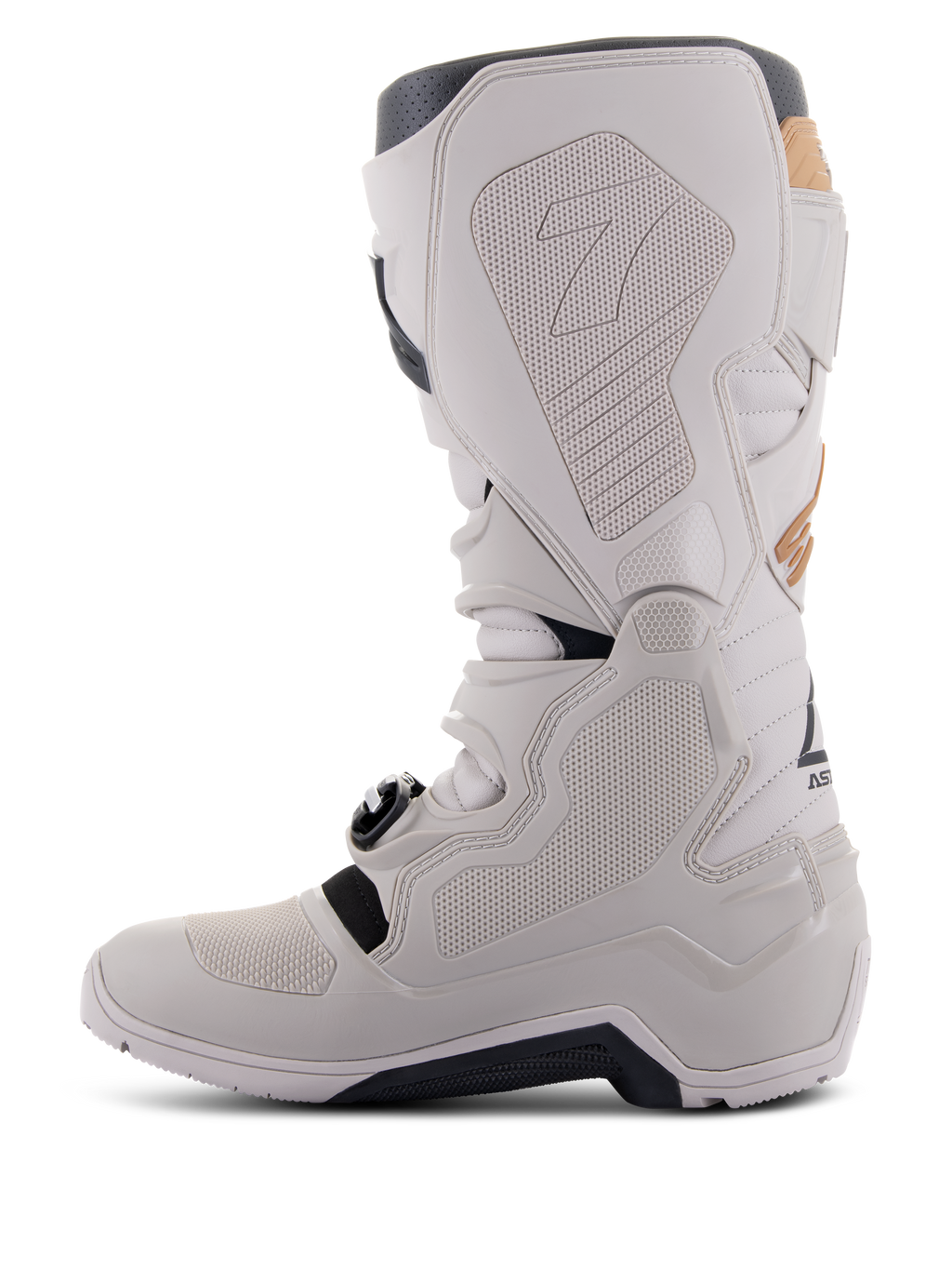 Alpinestars Tech 7 Enduro Drystar® Stiefel in Gray Sand, mediale Seitenansicht mit Grip-Panels in Wabenstruktur, hellgrauer TPU- und Mikrofaser-Konstruktion, schwarzer Außensohle und wasserdichter Membran für Offroad-Performance