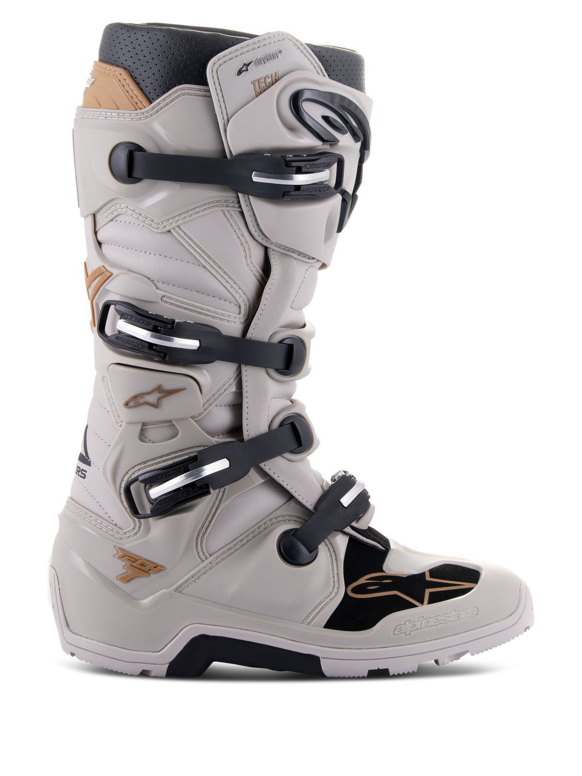 Alpinestars Tech 7 Enduro Drystar Boots, waterproof enduro motorcycle boots, Gray Sand and black with gold accents, four-buckle closure system, TPU protection plates, rugged sole for off-road grip