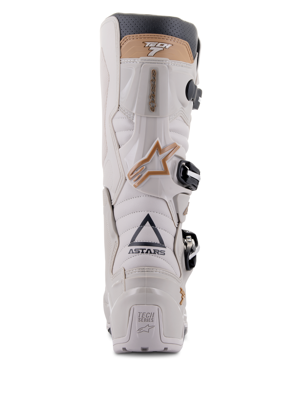 Alpinestars Tech 7 Enduro Drystar® Stiefel, Grau Sand, Rückansicht mit Fokus auf das ASTARS-Branding und die TECH SERIES-Fersenplatte, hellgraues TPU-Chassis mit sandfarbenen Akzenten und schwarzen Schnallen, entwickelt für Enduro-Fahrten