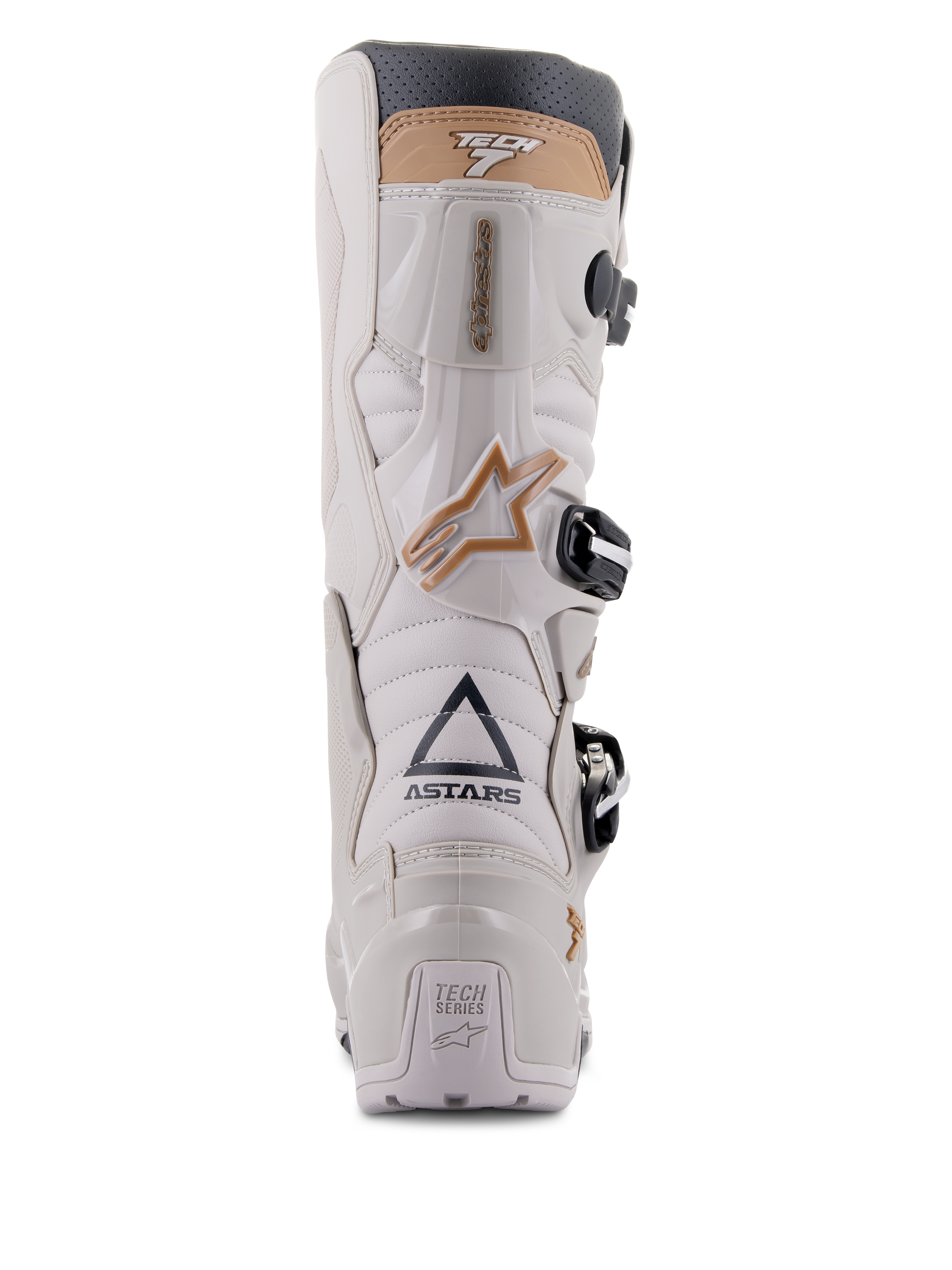 Alpinestars Tech 7 Enduro Drystar® Stiefel, Grau Sand, Rückansicht mit Fokus auf das ASTARS-Branding und die TECH SERIES-Fersenplatte, hellgraues TPU-Chassis mit sandfarbenen Akzenten und schwarzen Schnallen, entwickelt für Enduro-Fahrten