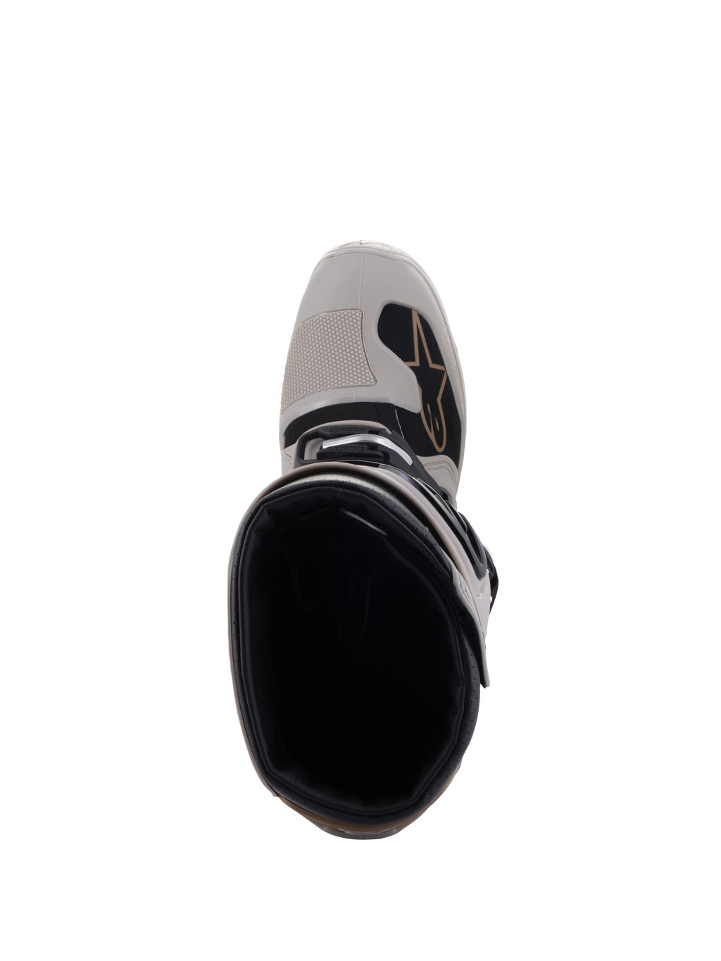 Alpinestars Tech 7 Enduro Drystar® Stiefel, Grau Sand, Draufsicht mit Blick in die Stiefelöffnung und auf die verstärkte Zehenpartie, mit schwarzen Akzenten und dem Alpinestars-Logo, wasserdichtes Offroad-Motorradschuhwerk