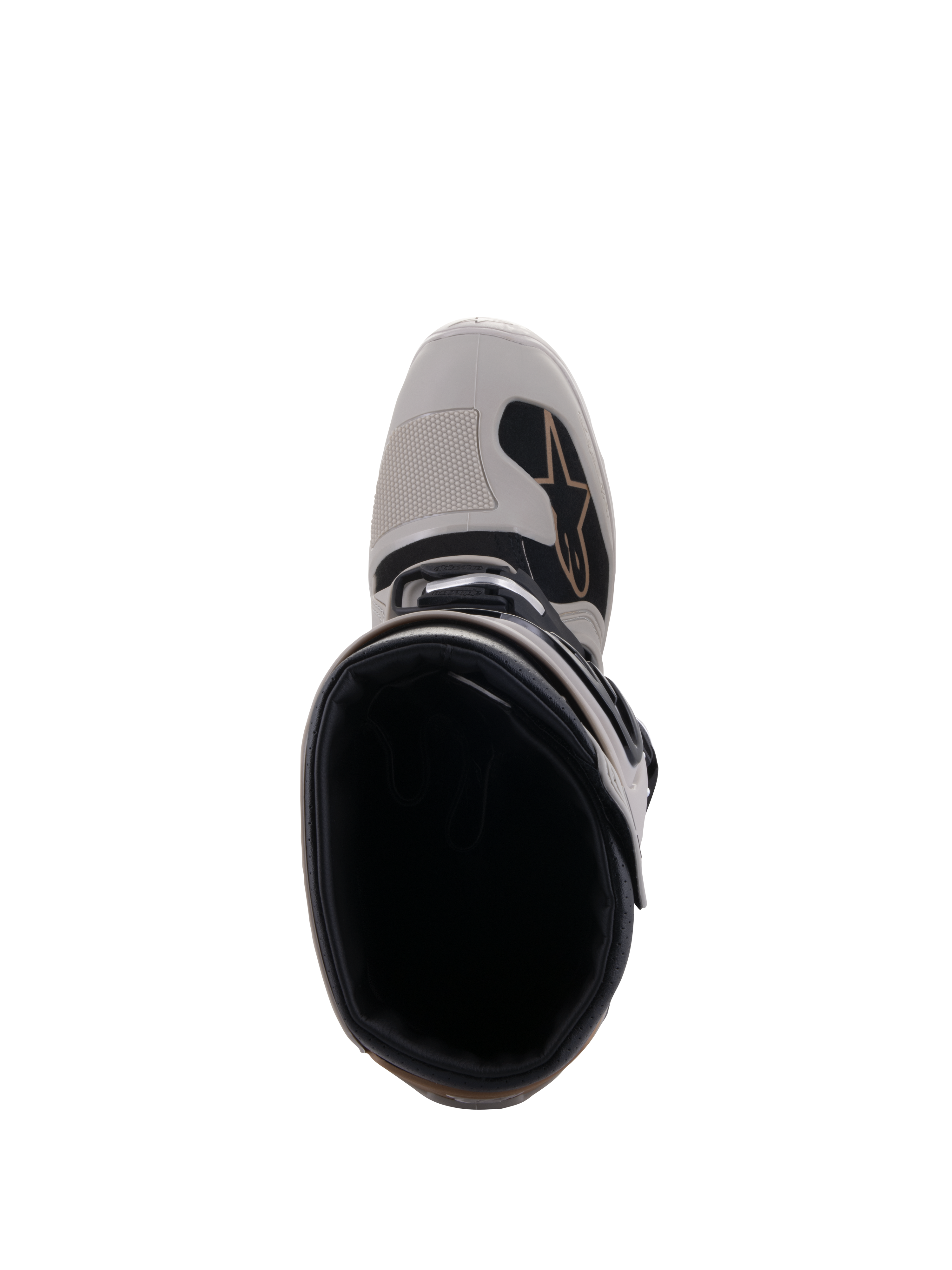 Alpinestars Tech 7 Enduro Drystar® Stiefel, Grau Sand, Draufsicht mit Blick in die Stiefelöffnung und auf die verstärkte Zehenpartie, mit schwarzen Akzenten und dem Alpinestars-Logo, wasserdichtes Offroad-Motorradschuhwerk